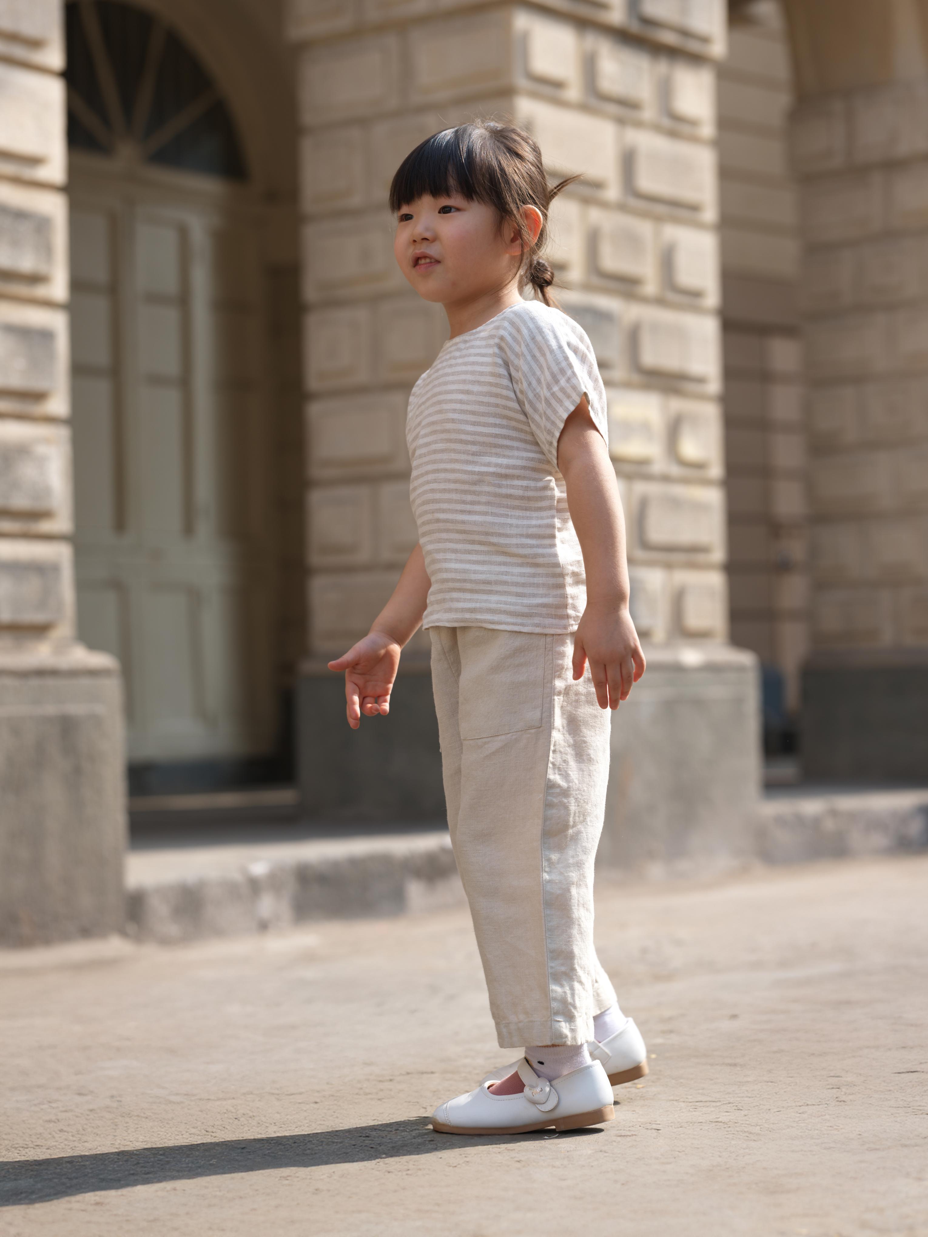 Girls Round Shoulder Top & Patch pocket Trousers Co-Ord set Beige Stripes / Oatmeal