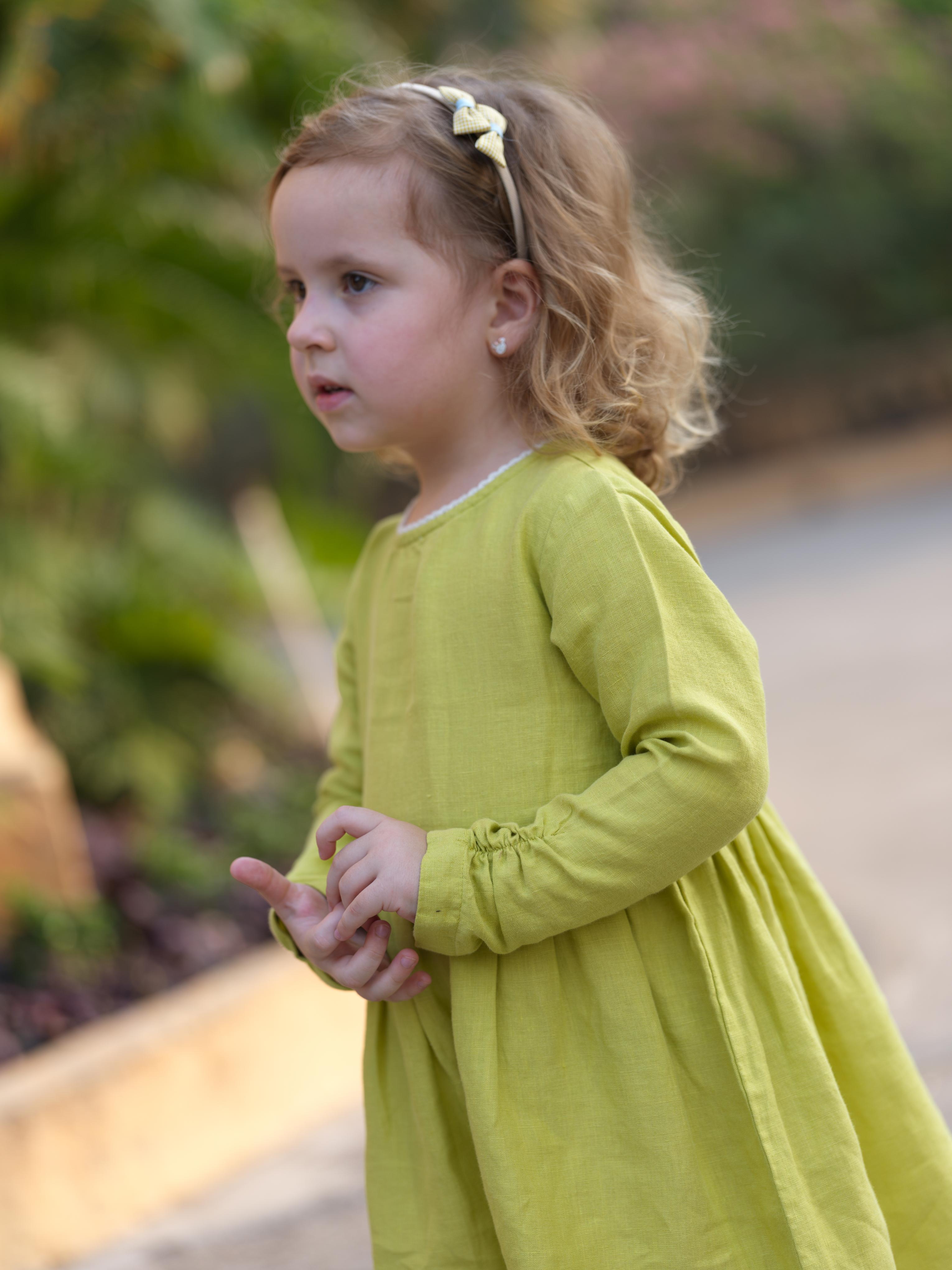 Girl Elastic Long Sleeve Dress Lime