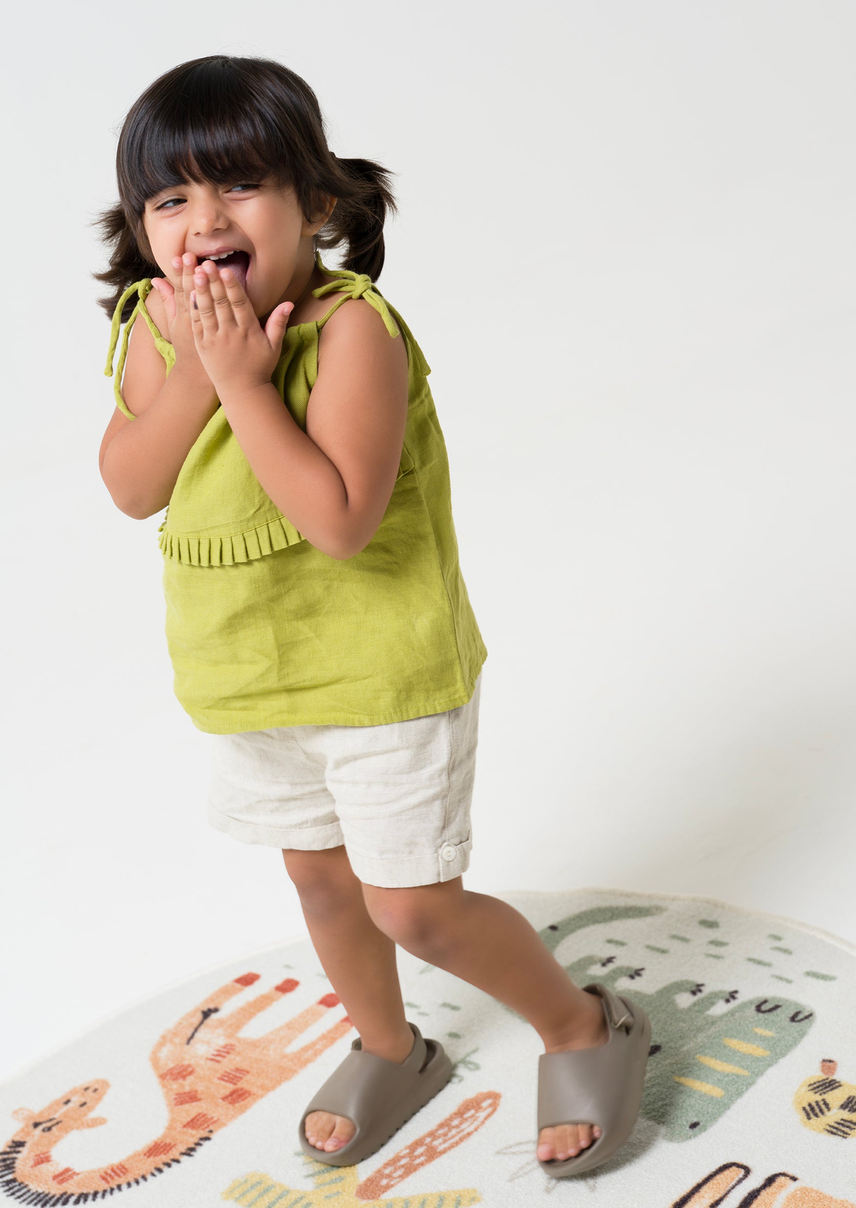 Linen tie strap pleated co-ords set T - Kiwi Green - B - Cookie & Cream