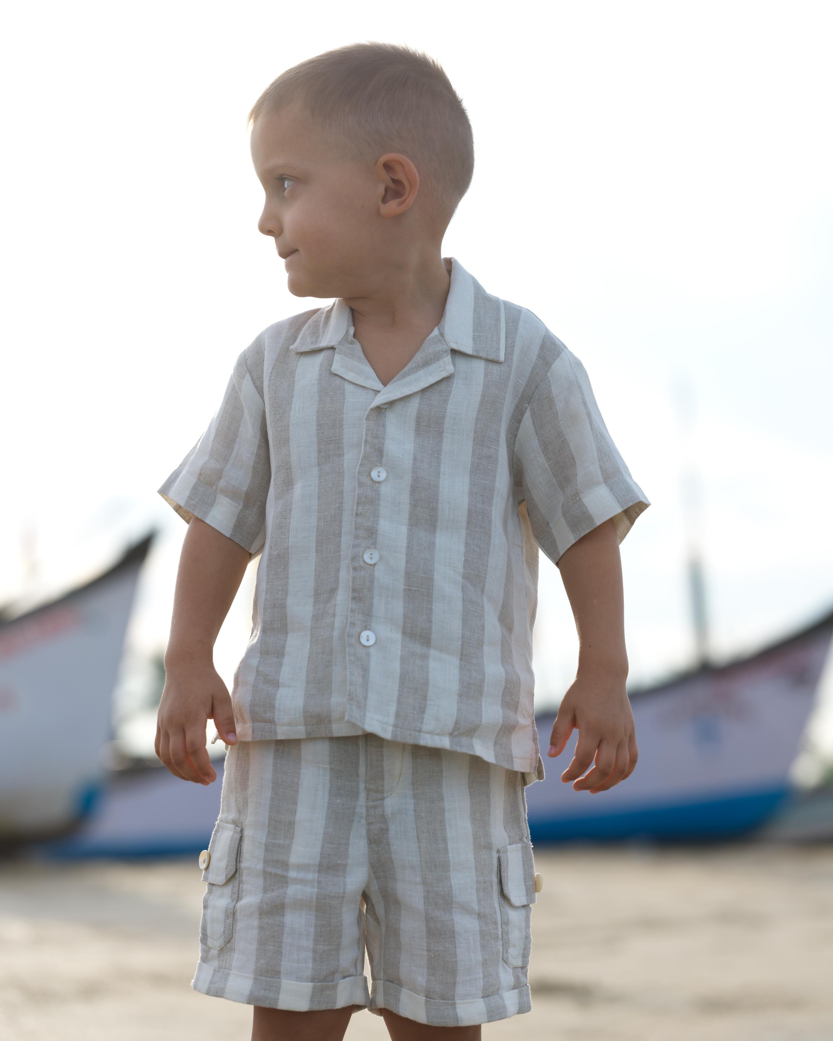 Boys Cuban Collar Shirt Co-Ord Beige