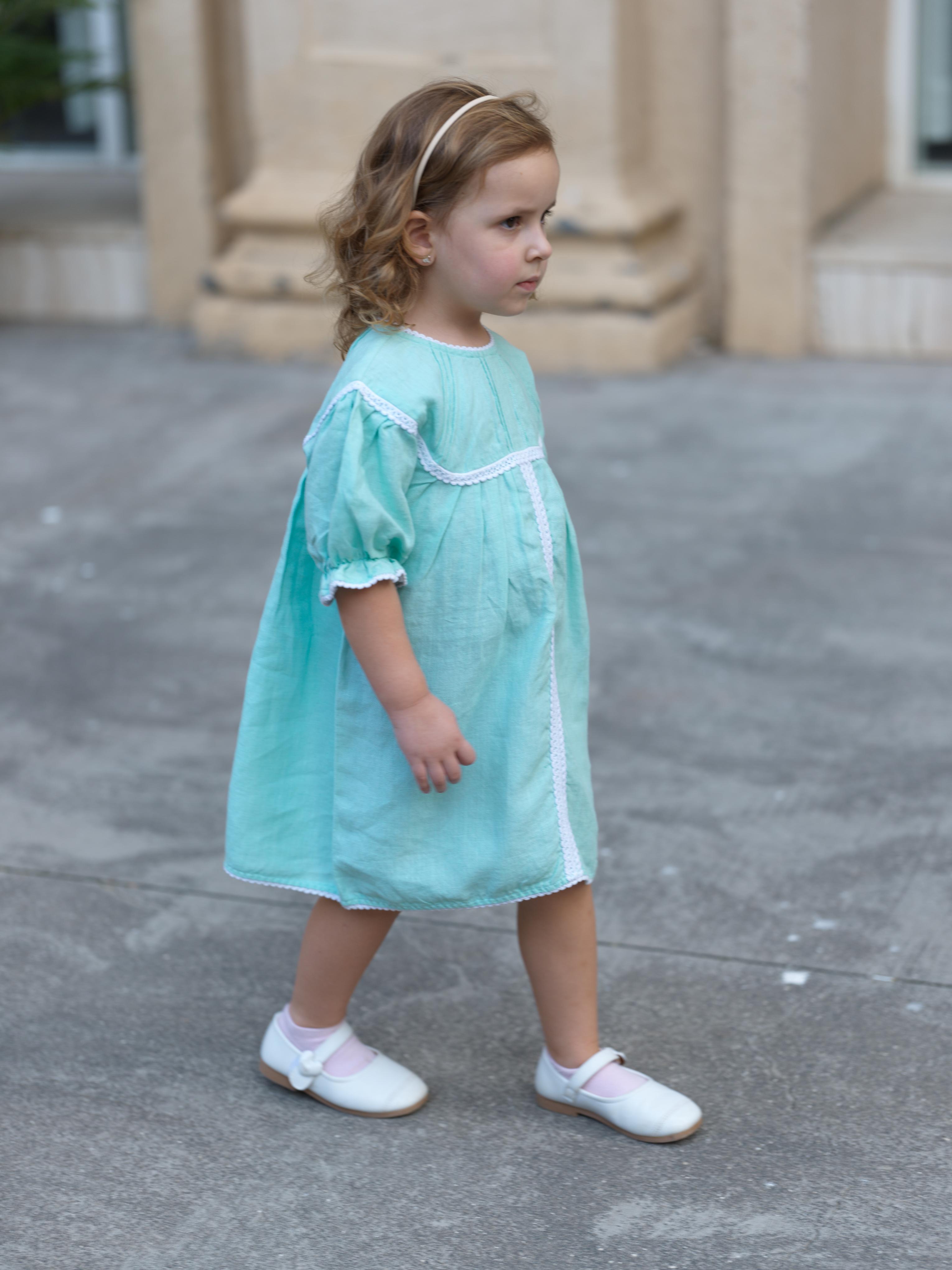 Girls Puff Sleeve Vintage Dress Celestial Green