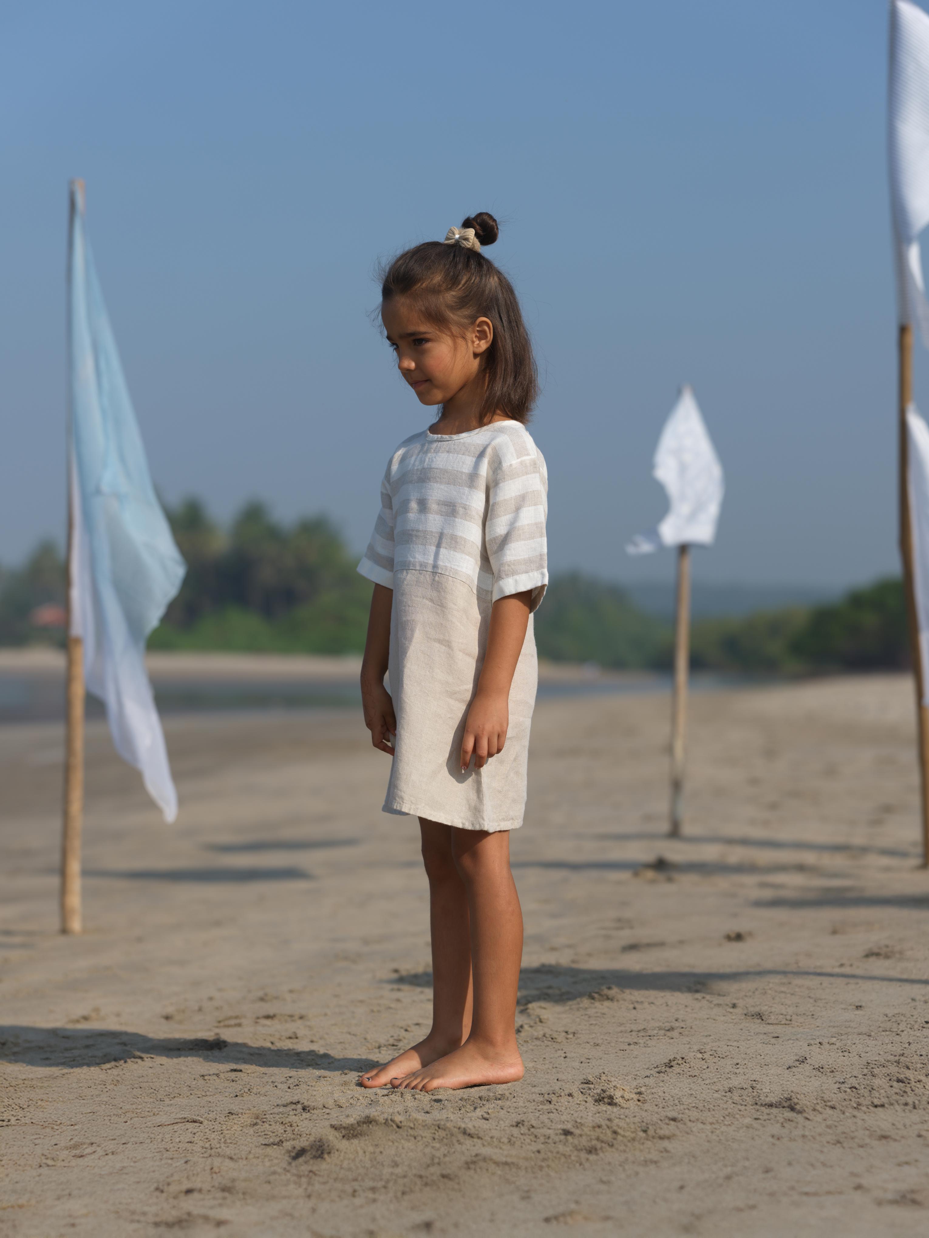 Girls Two Colour Casual Dress Beige Cabana Stripe / Natural