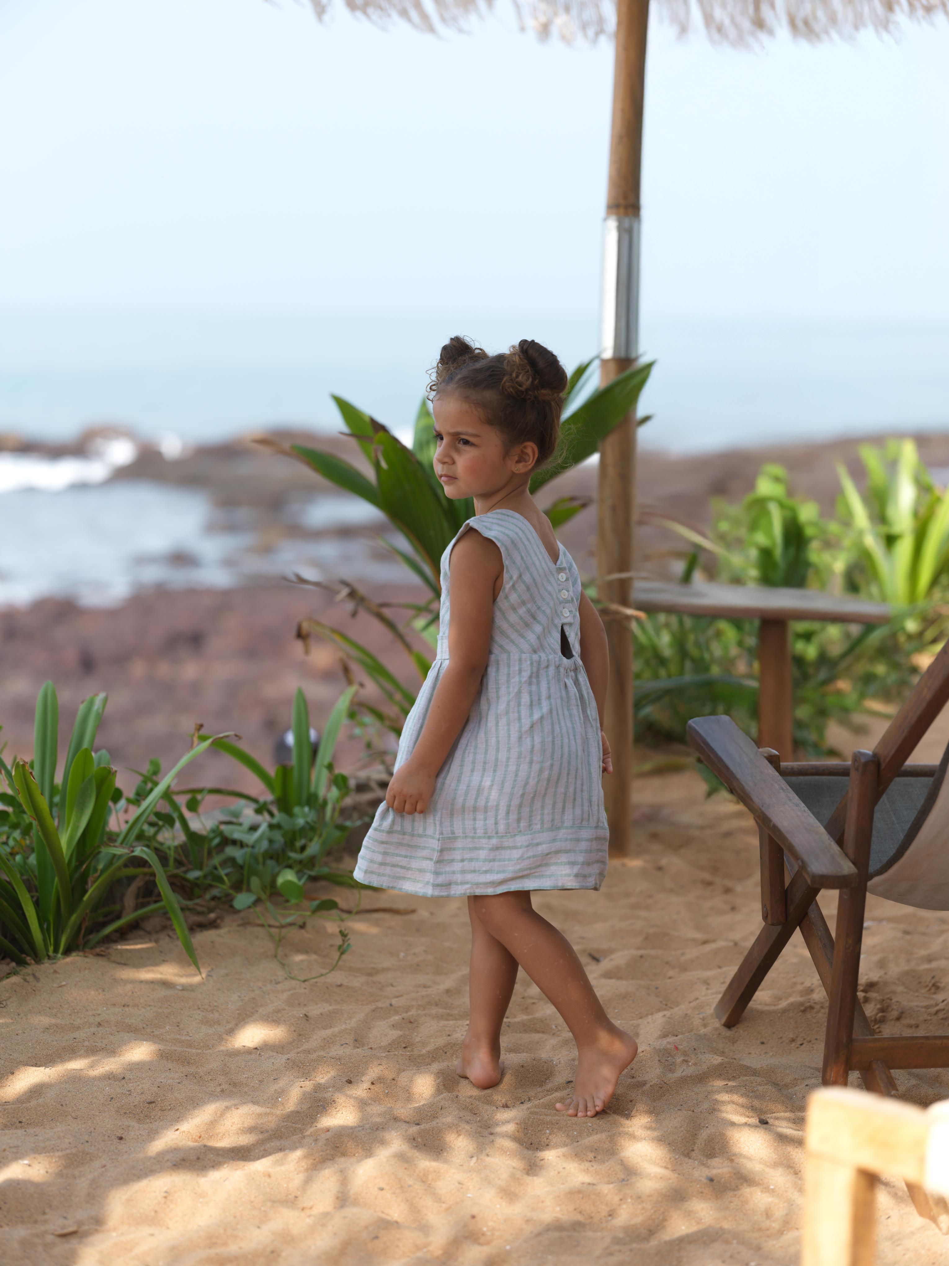 Girls Round Neck Back Opening Dress Sage Pencil Stripe
