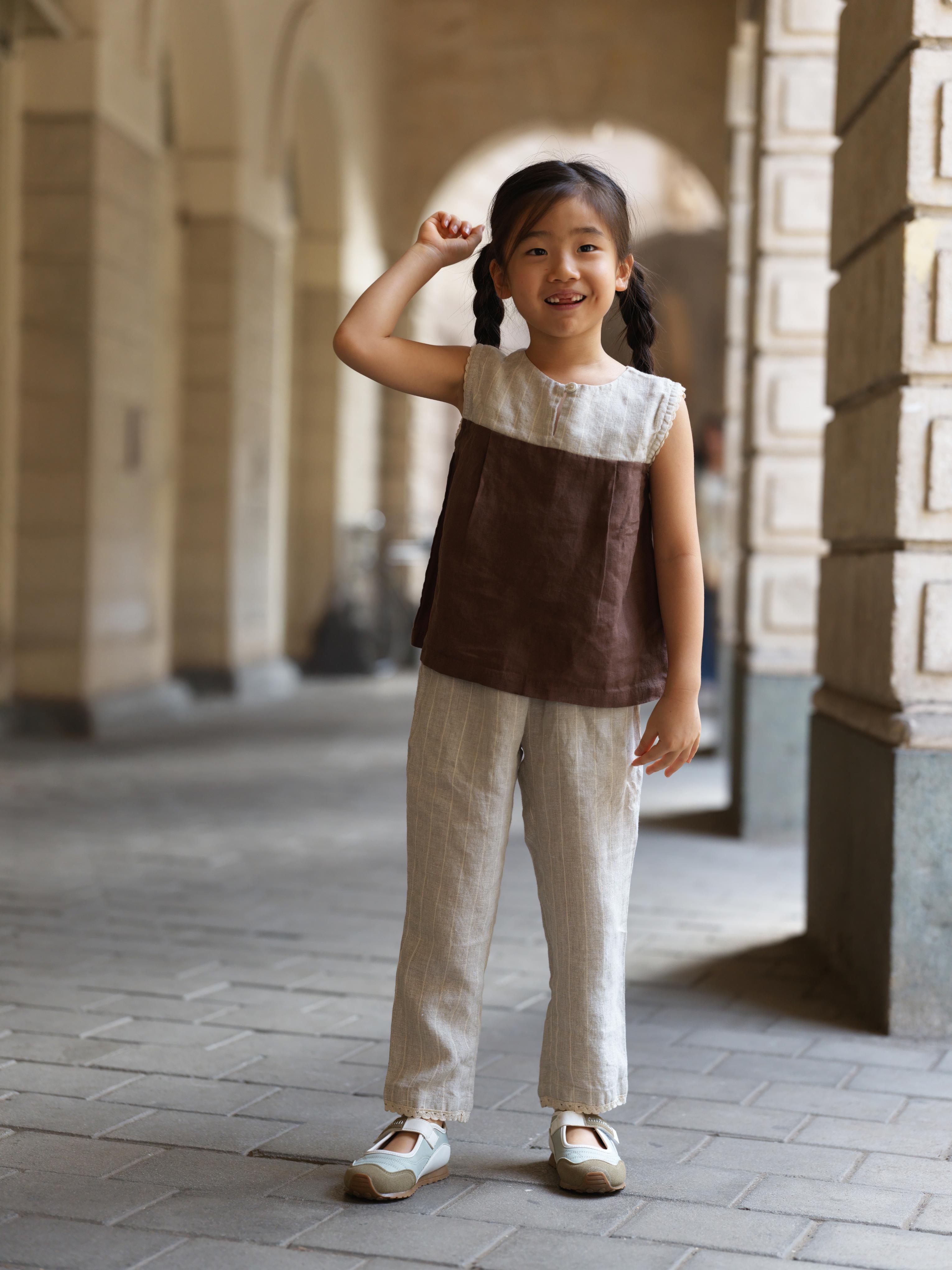 Girls Sleeveless Front Keyhole Top & Trousers Lurex Stripe / Walnut