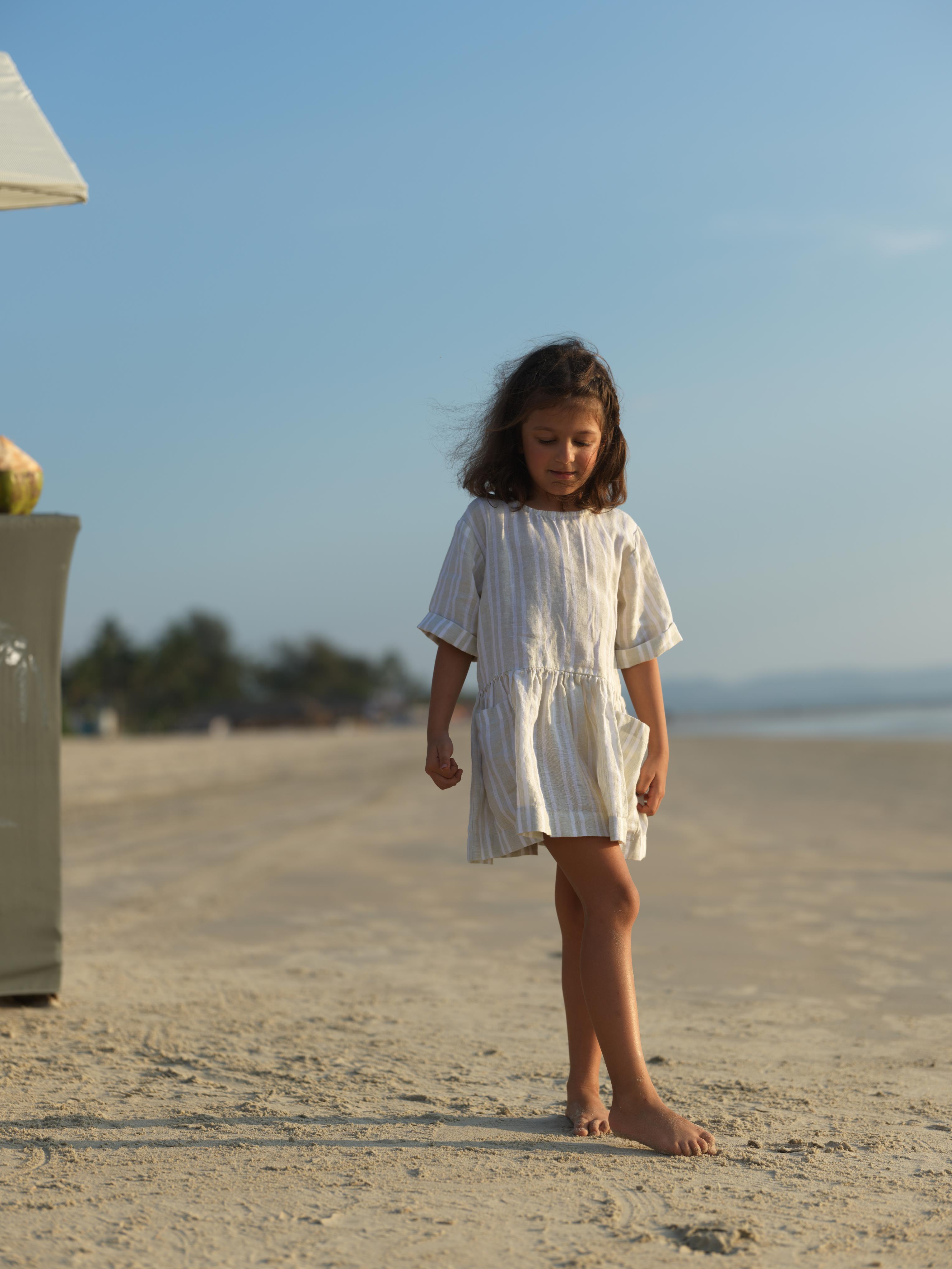 Girl Patch Pocket Drop Shoulder Dress Beige Double Stripe