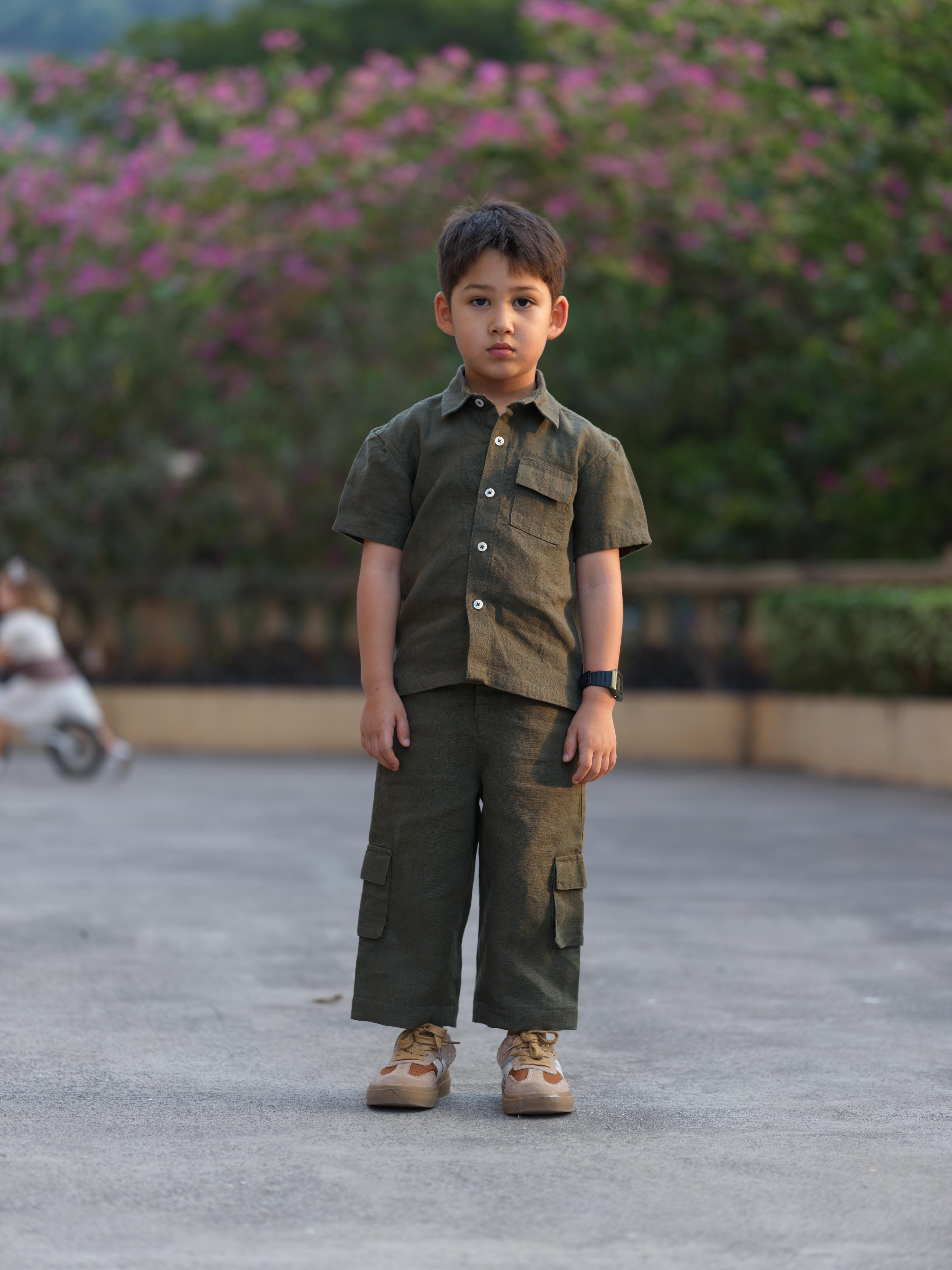 Boys Half-Sleeve Shirt & Cargo Trousers Co-Ord Moss Green