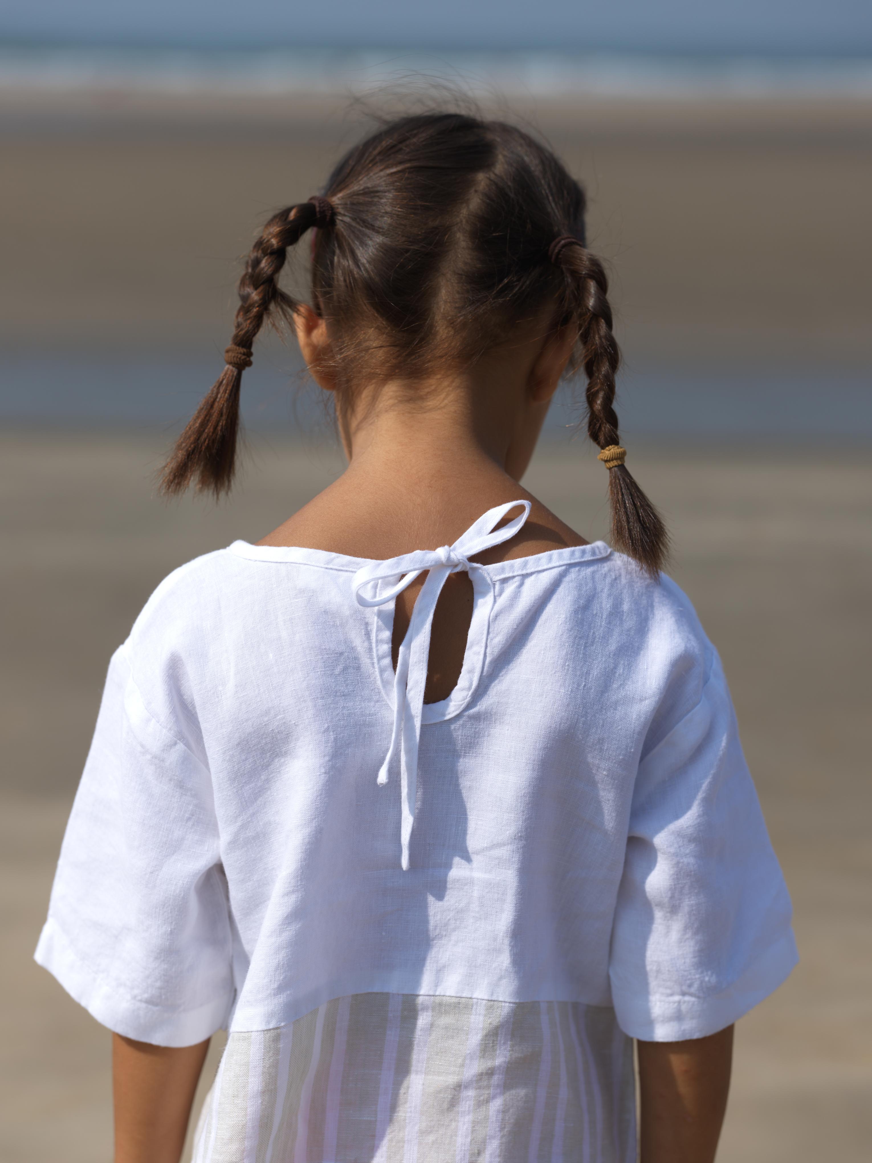 Girls Two Colour Casual Dress Beige Double Stripe / White