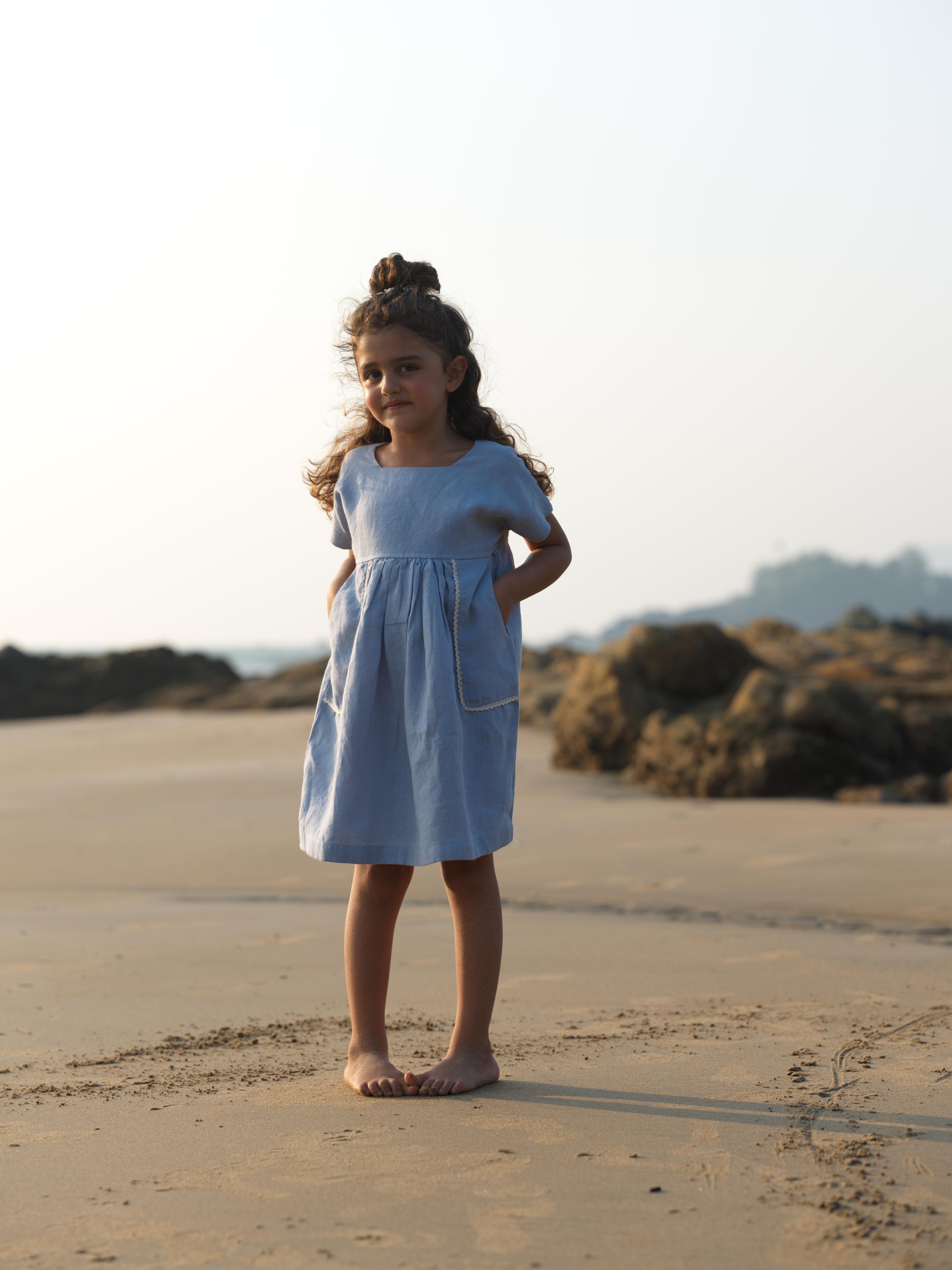 Girls Patch Pocket Tie-Back Dress Pacific Blue