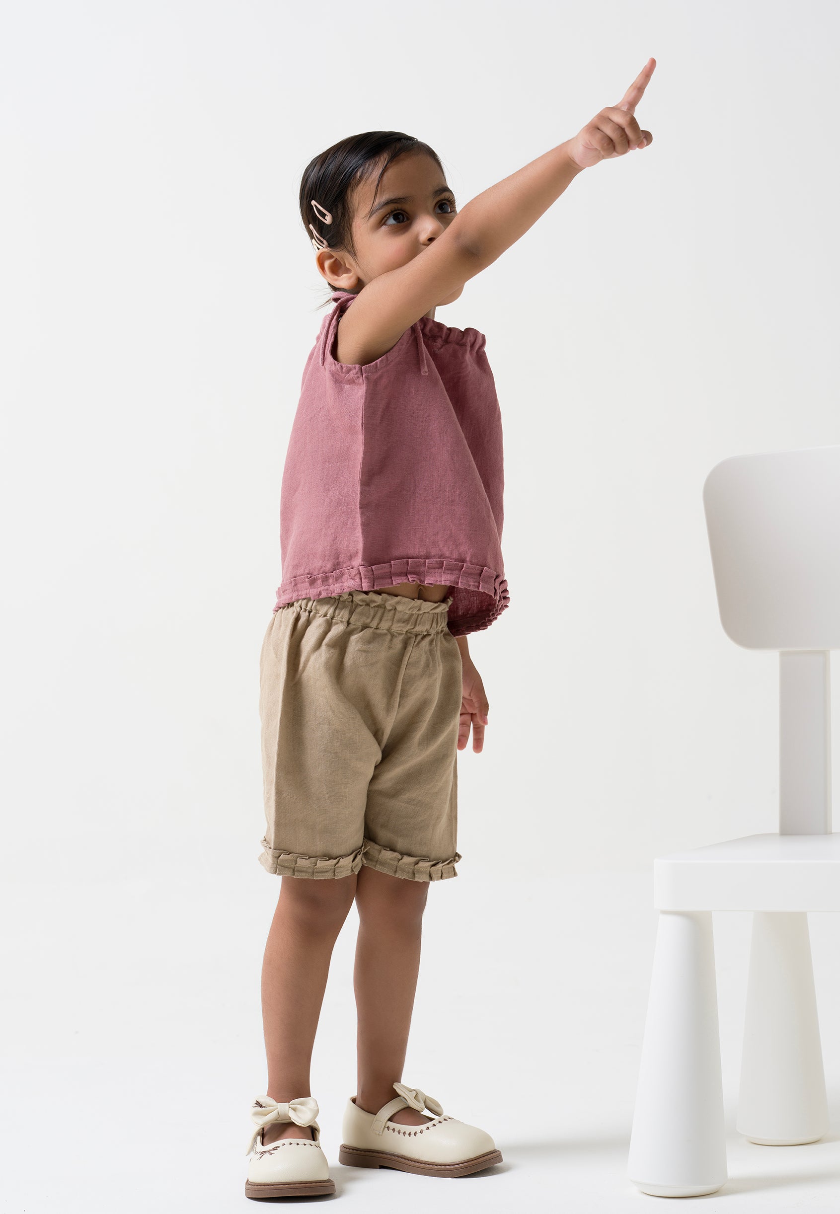 Linen Strap Ruffle Co-ords Set Top - Rose Gold B- Cookie & Cream