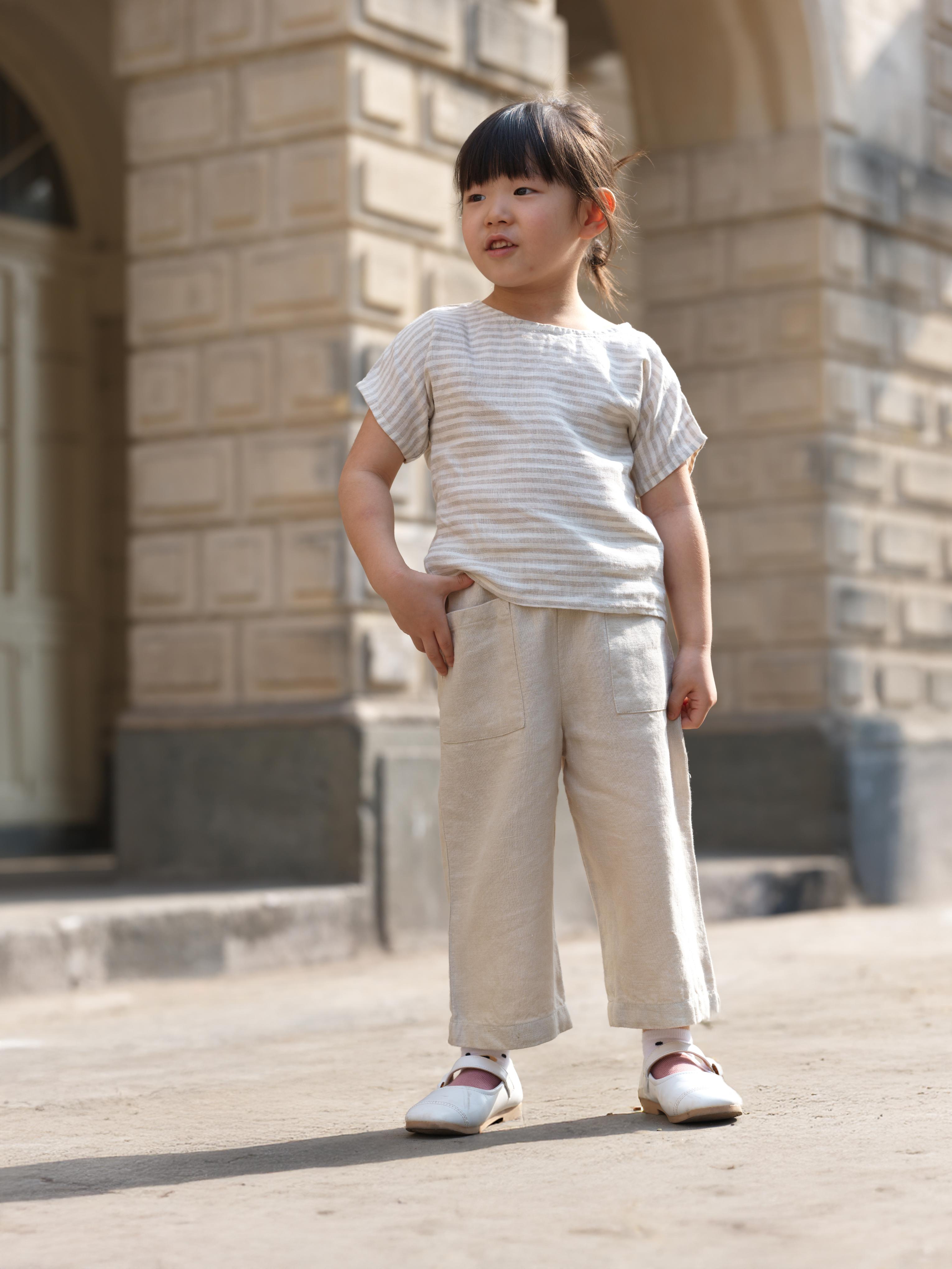 Girls Round Shoulder Top & Patch pocket Trousers Co-Ord set Beige Stripes / Oatmeal