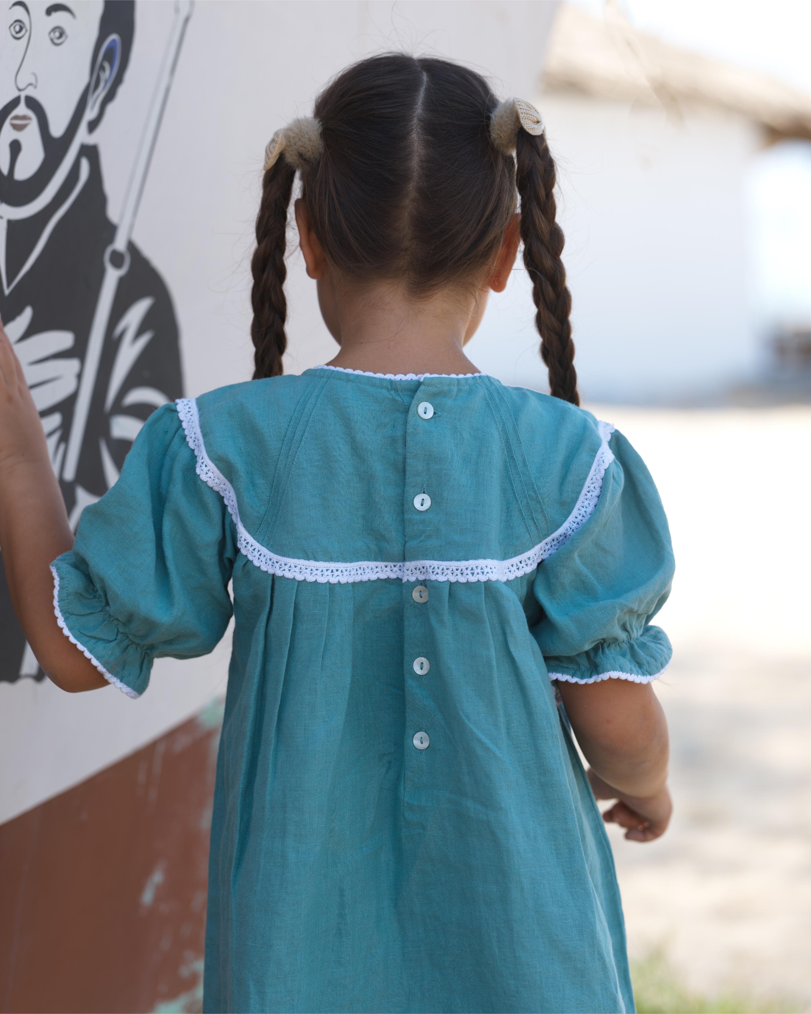 Girls Puff Sleeve Vintage Dress Pine Green