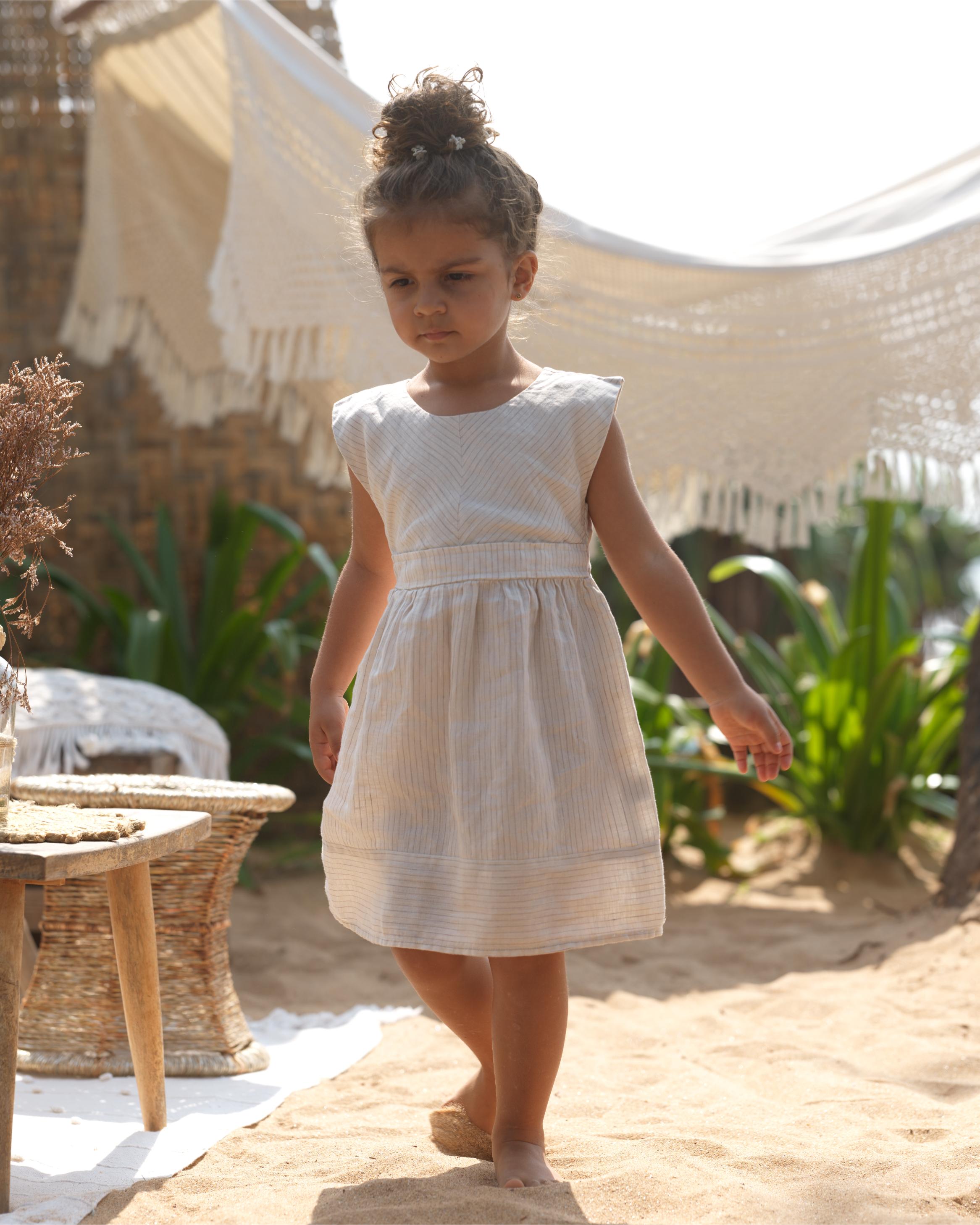 Girls Round Neck Back Opening Dress Beige Lines