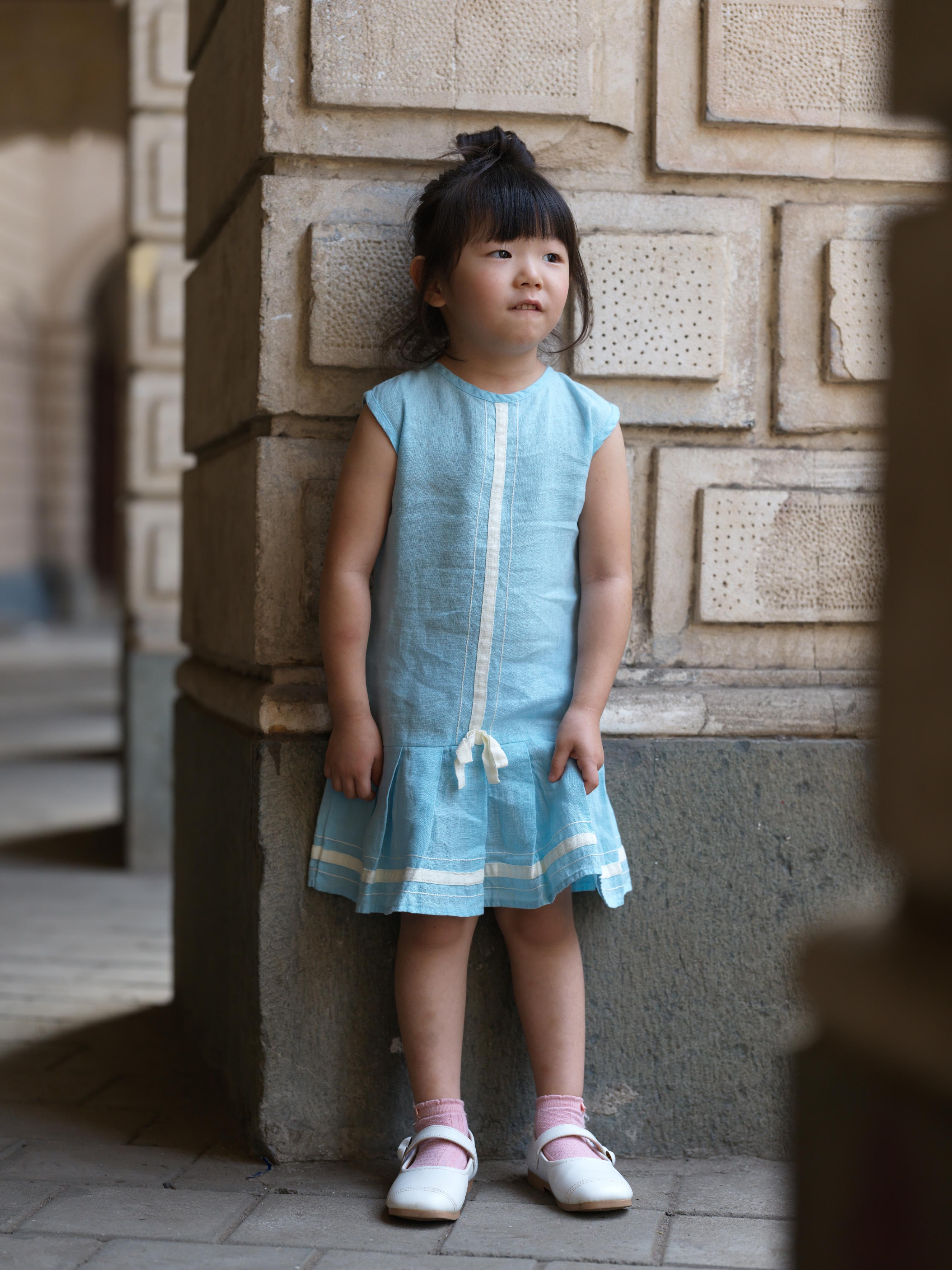 Girls Sleeveless Ribbon Dress Sky Blue