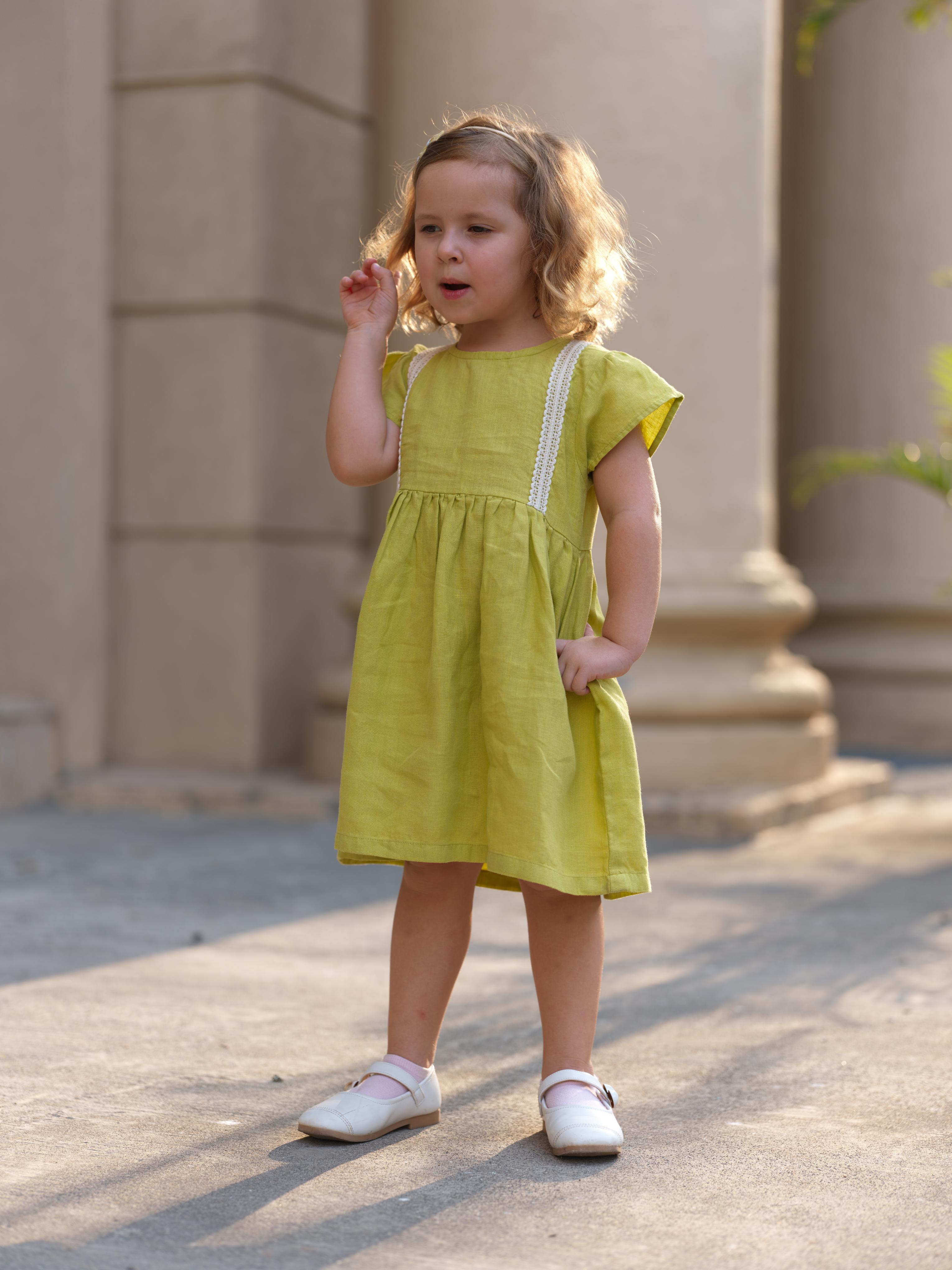 Girl Flared Sleeve Lace Detail Dress Lime