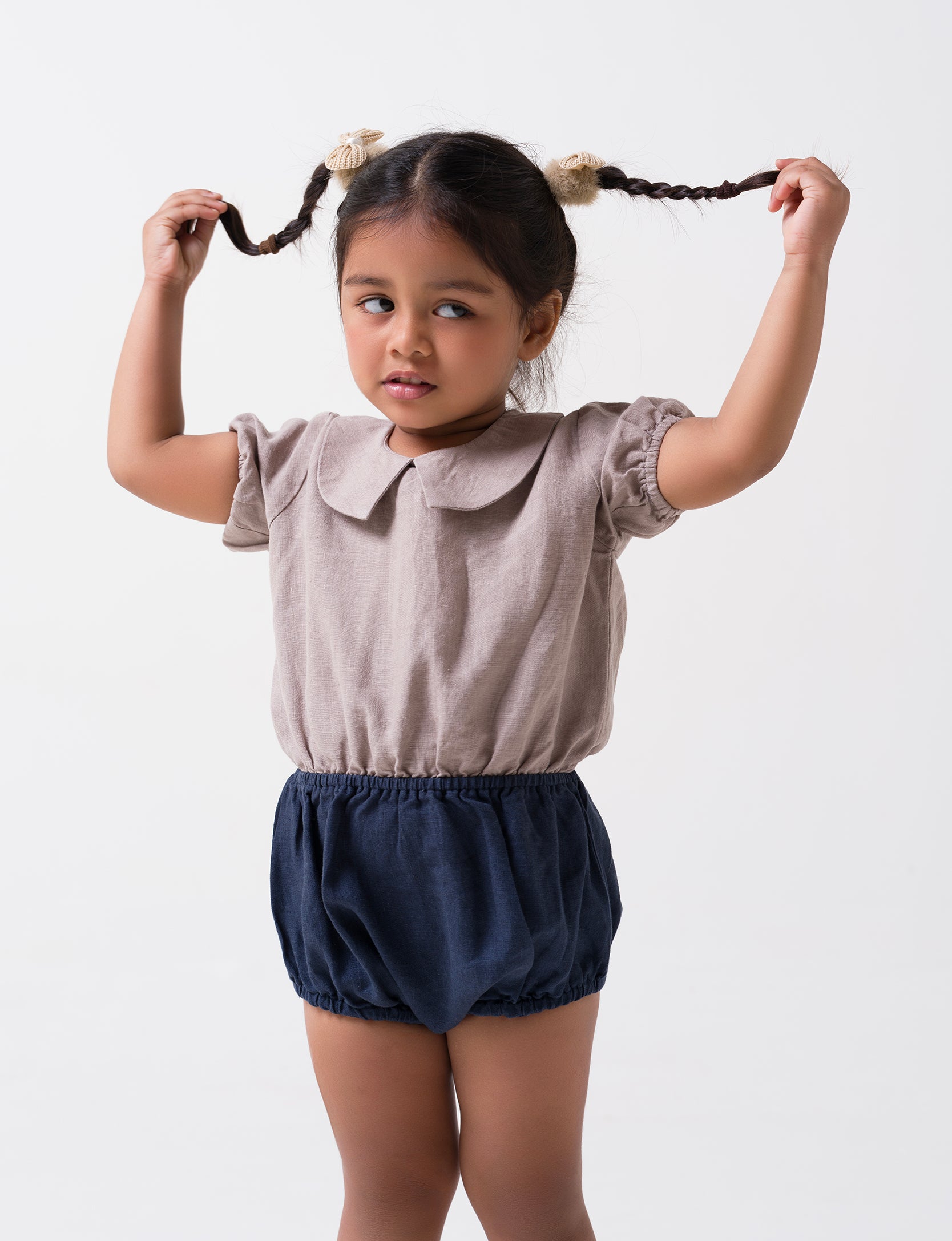 Bloom romper for girl T- Almond Beige - B- Navy Blue