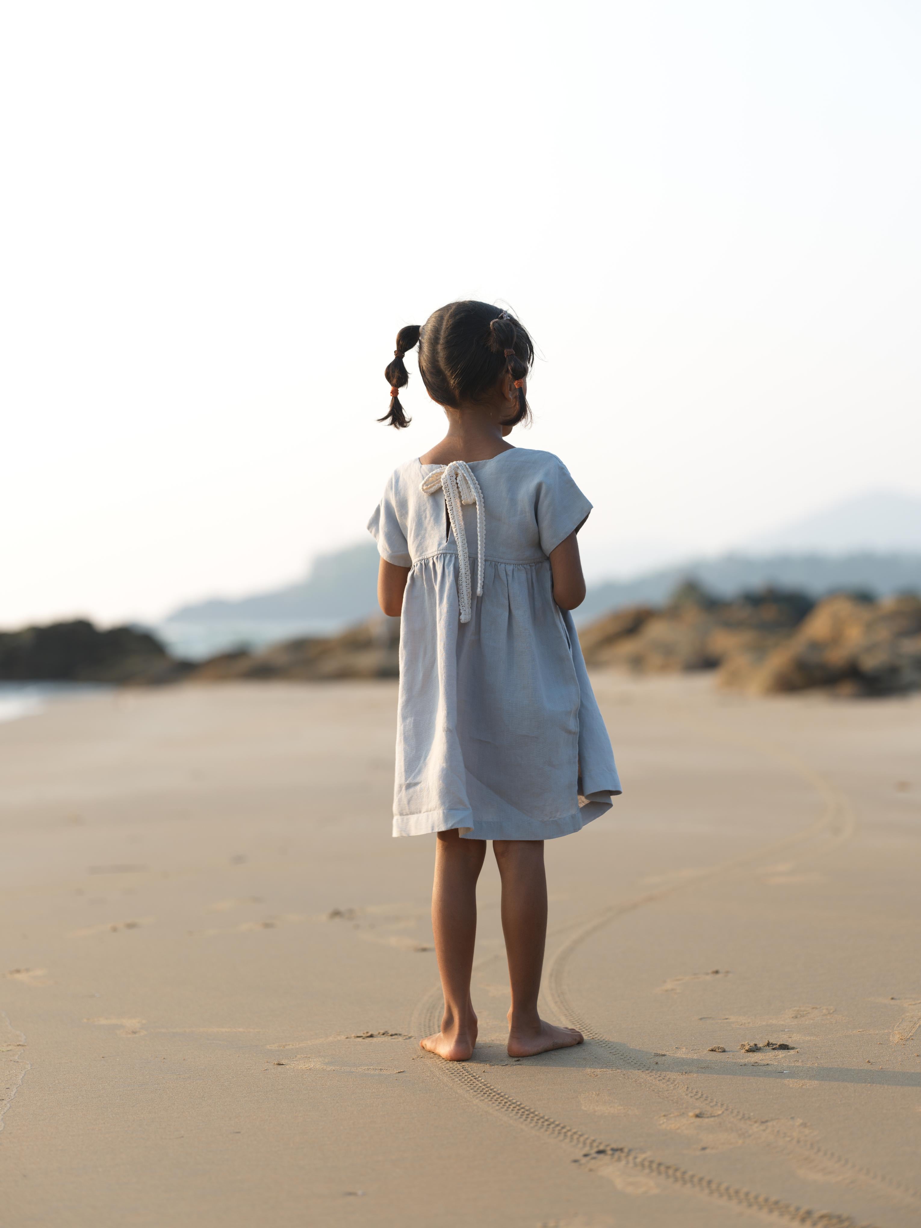 Girls Patch Pocket Tie-Back Dress Natural