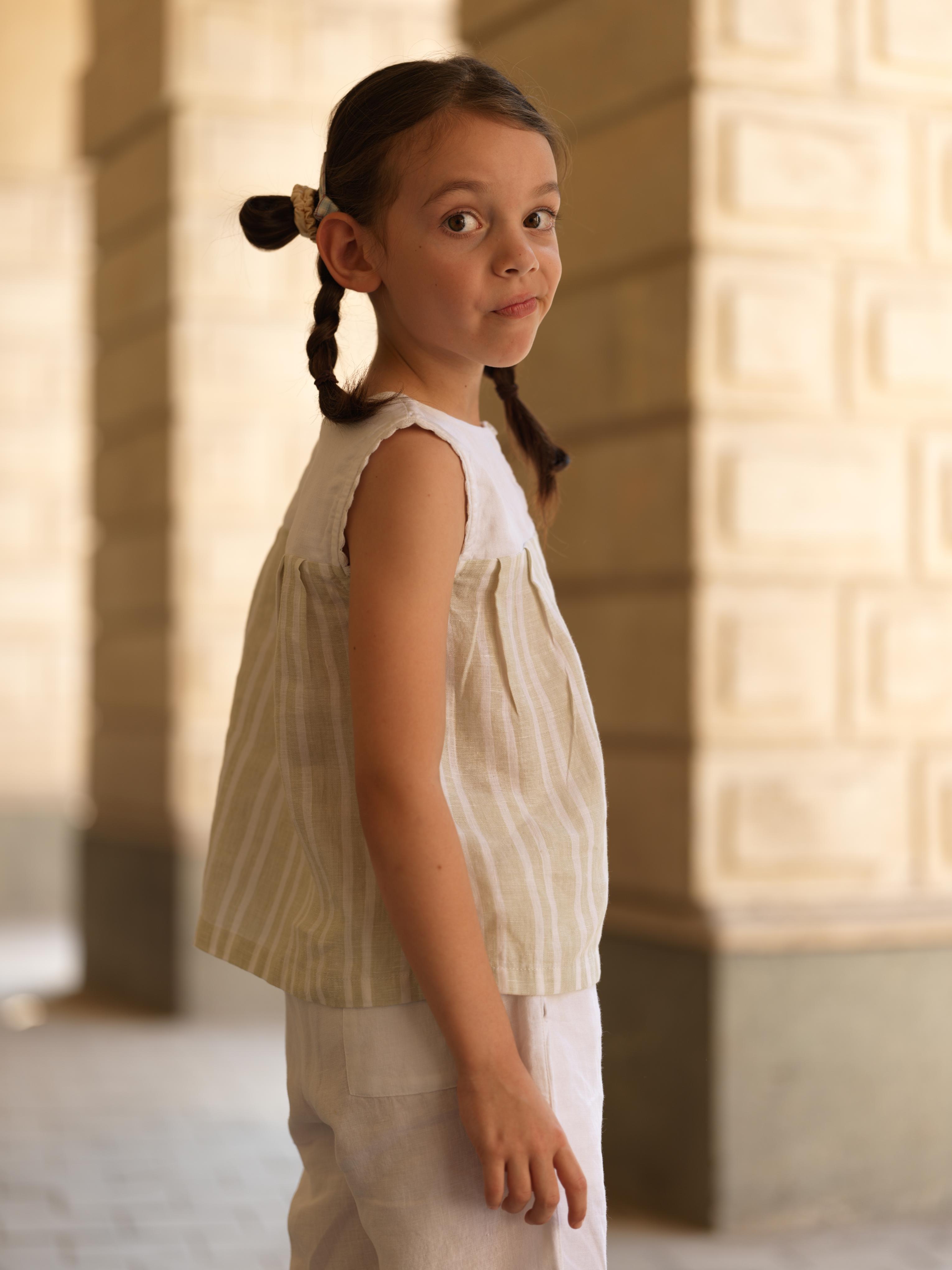 Girls Sleeveless Front Keyhole Top & Trousers Beige Double Stripe / White