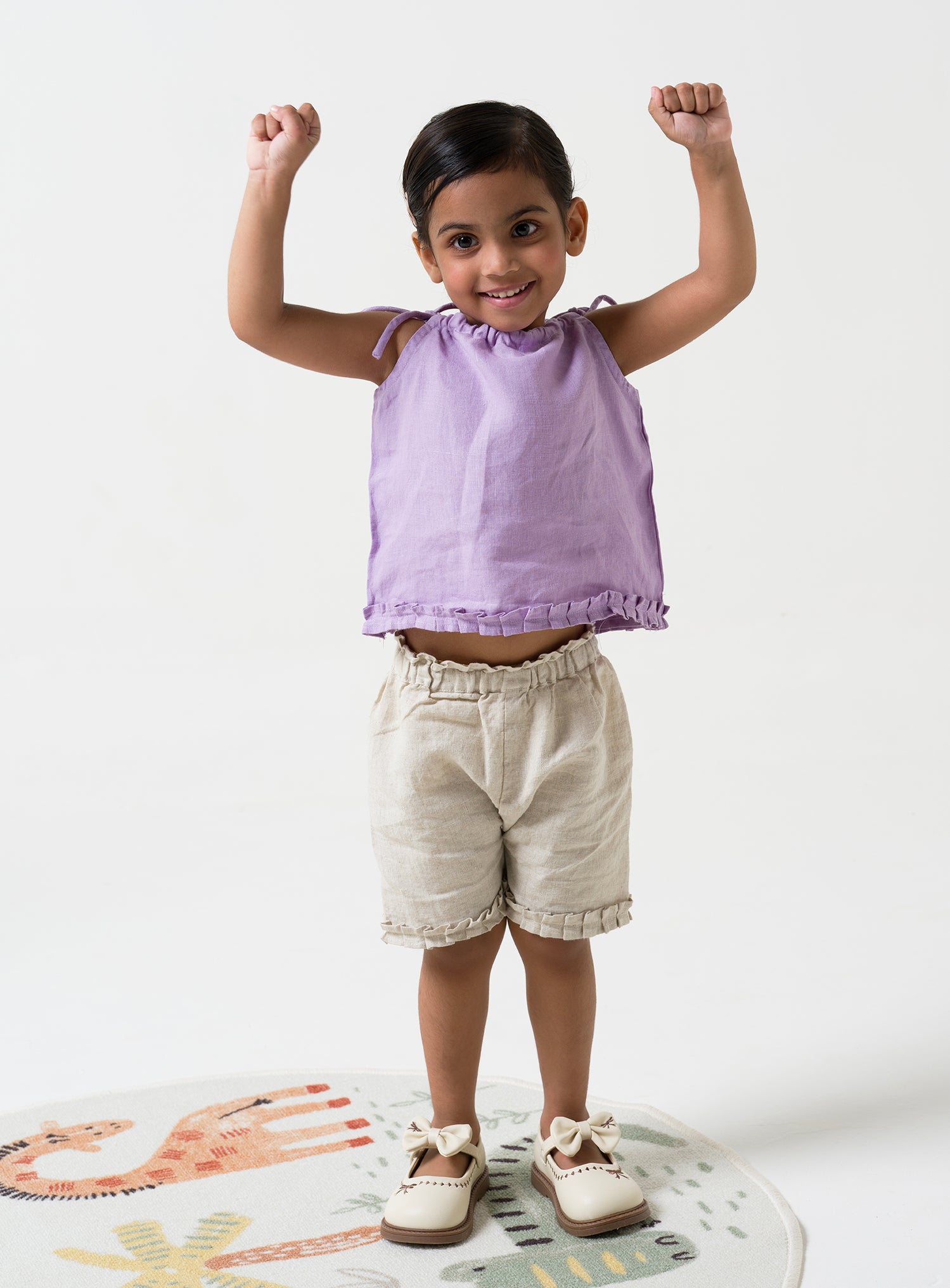 Linen Strap Ruffle Co-ords Set Top - Lavender B- Cookie & Cream