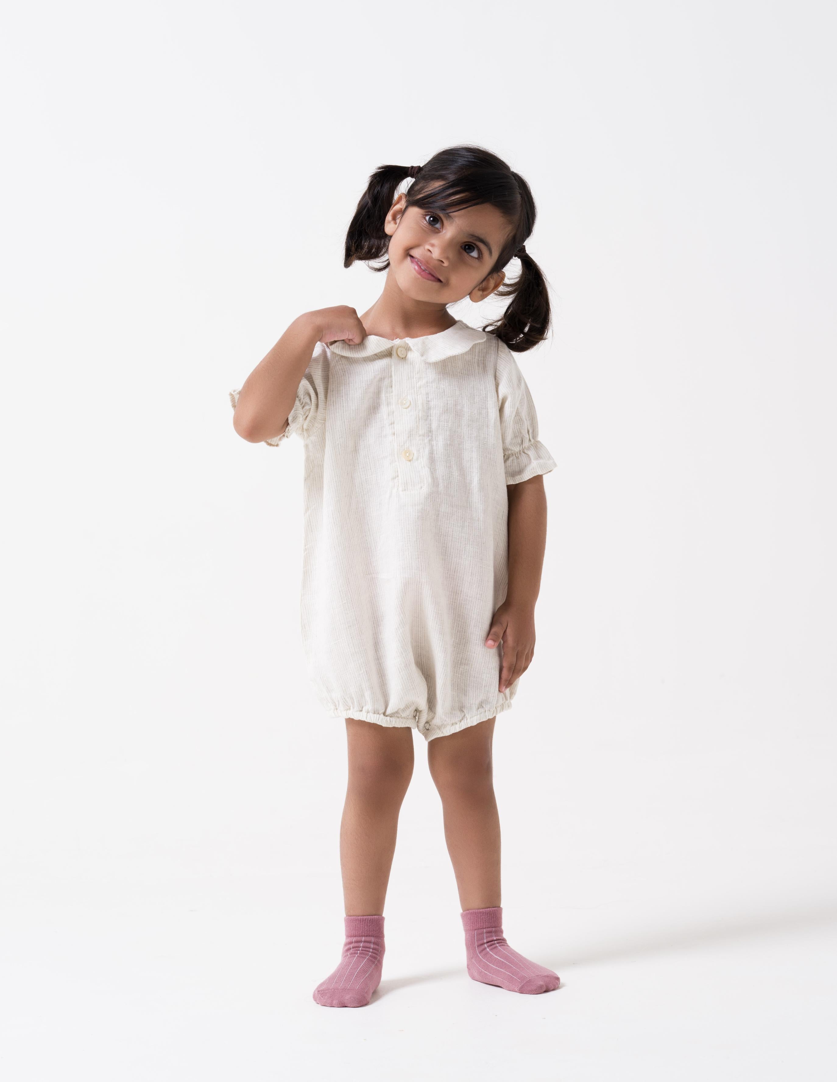 Puff Sleeve Romper - Beige Hairline Stripe