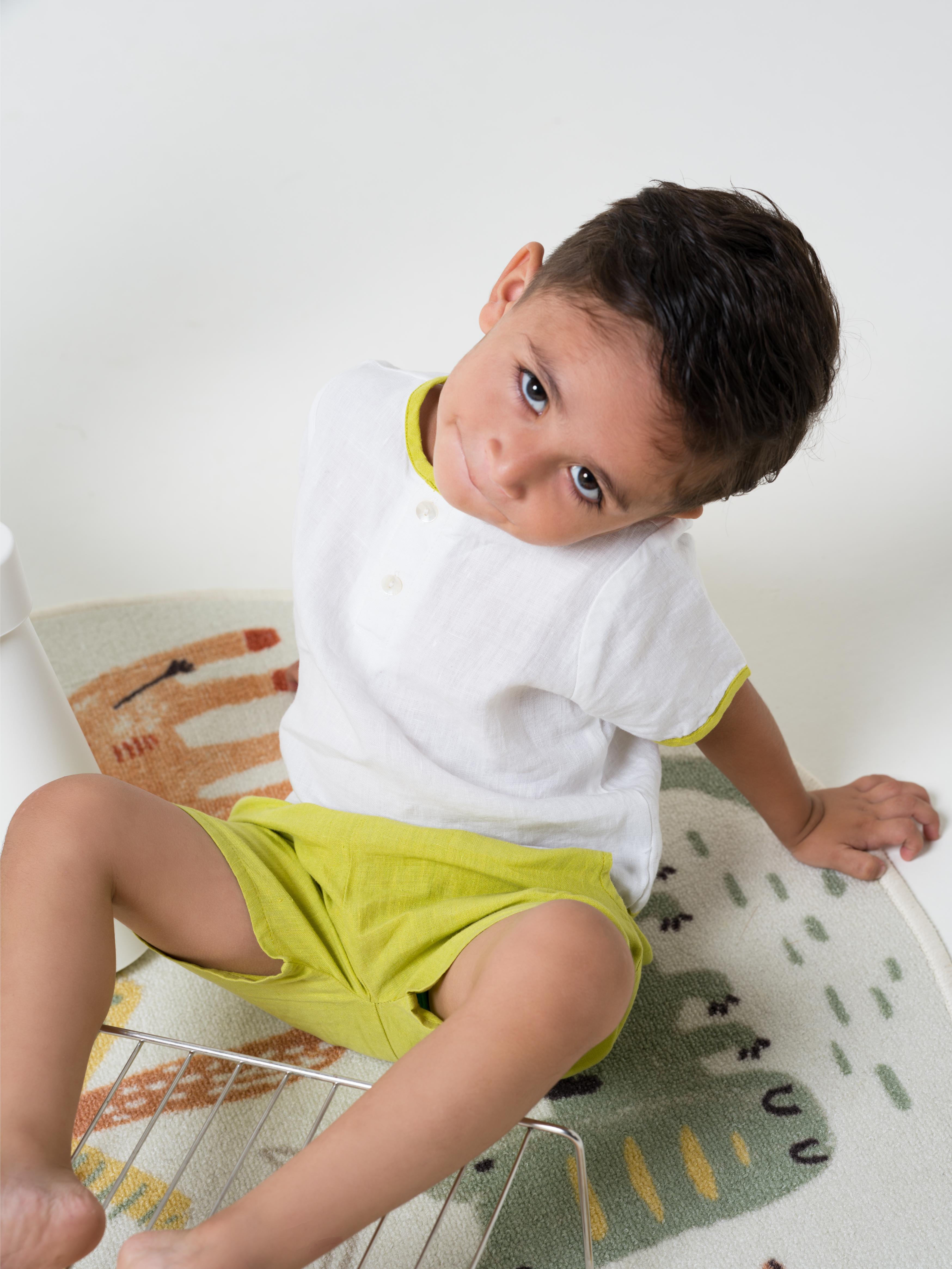 Drawstring Shorts & Shirt Set Shirt - White - Shorts- Lime