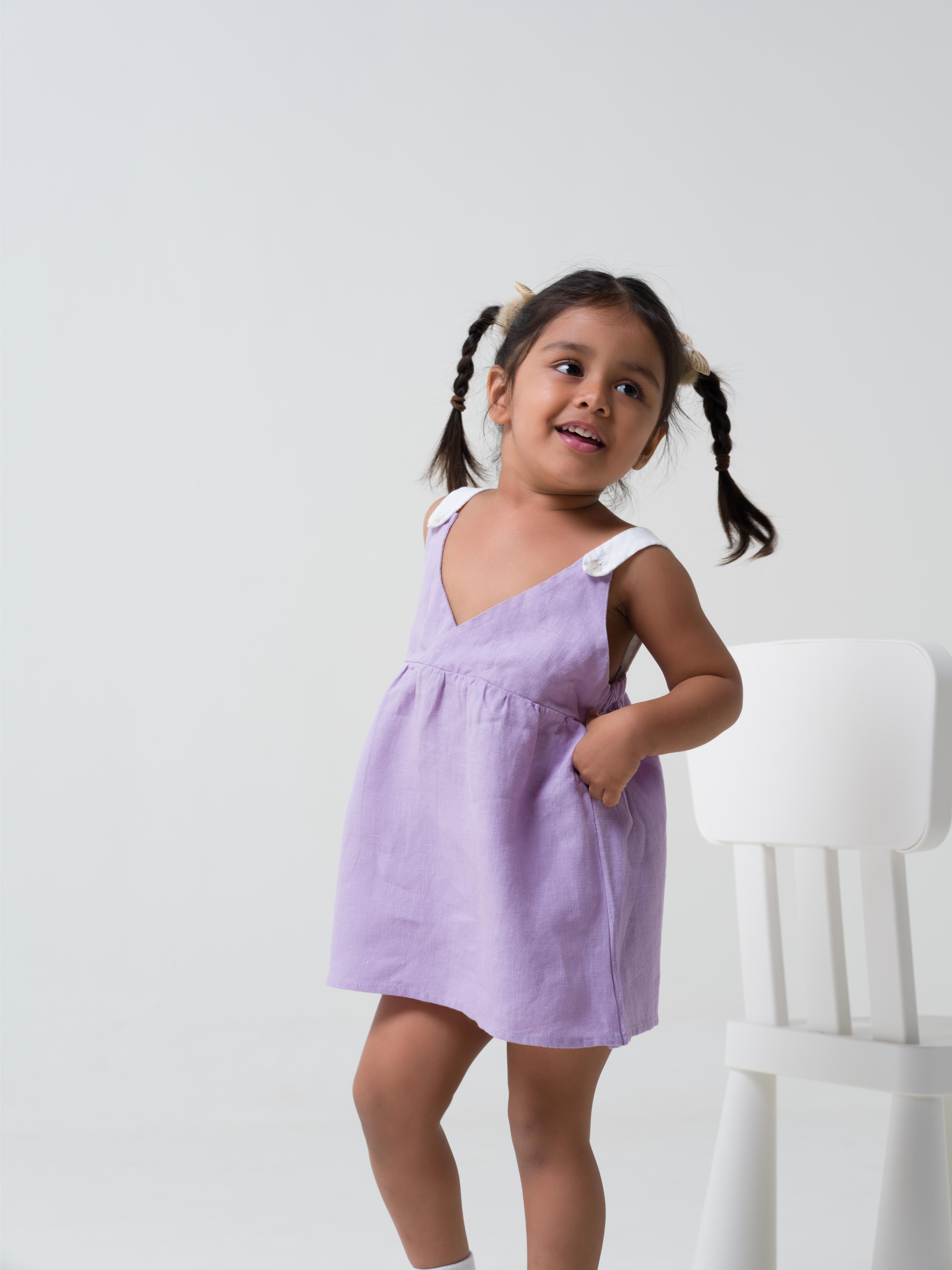 V Neck Overlap Frock Lavender - Strap - White