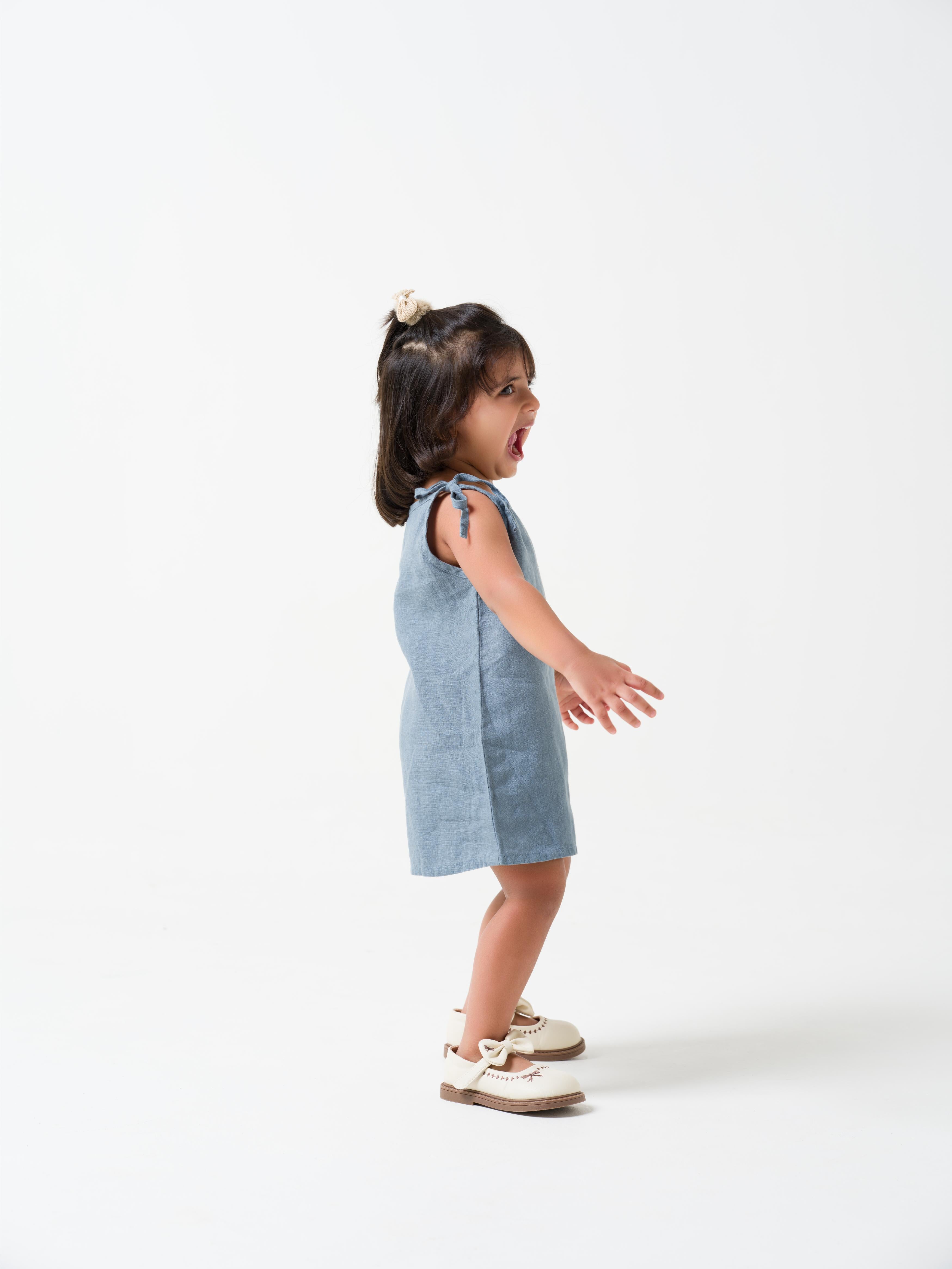 Air Force Blue Tie-Up Shoulder Flower Frock