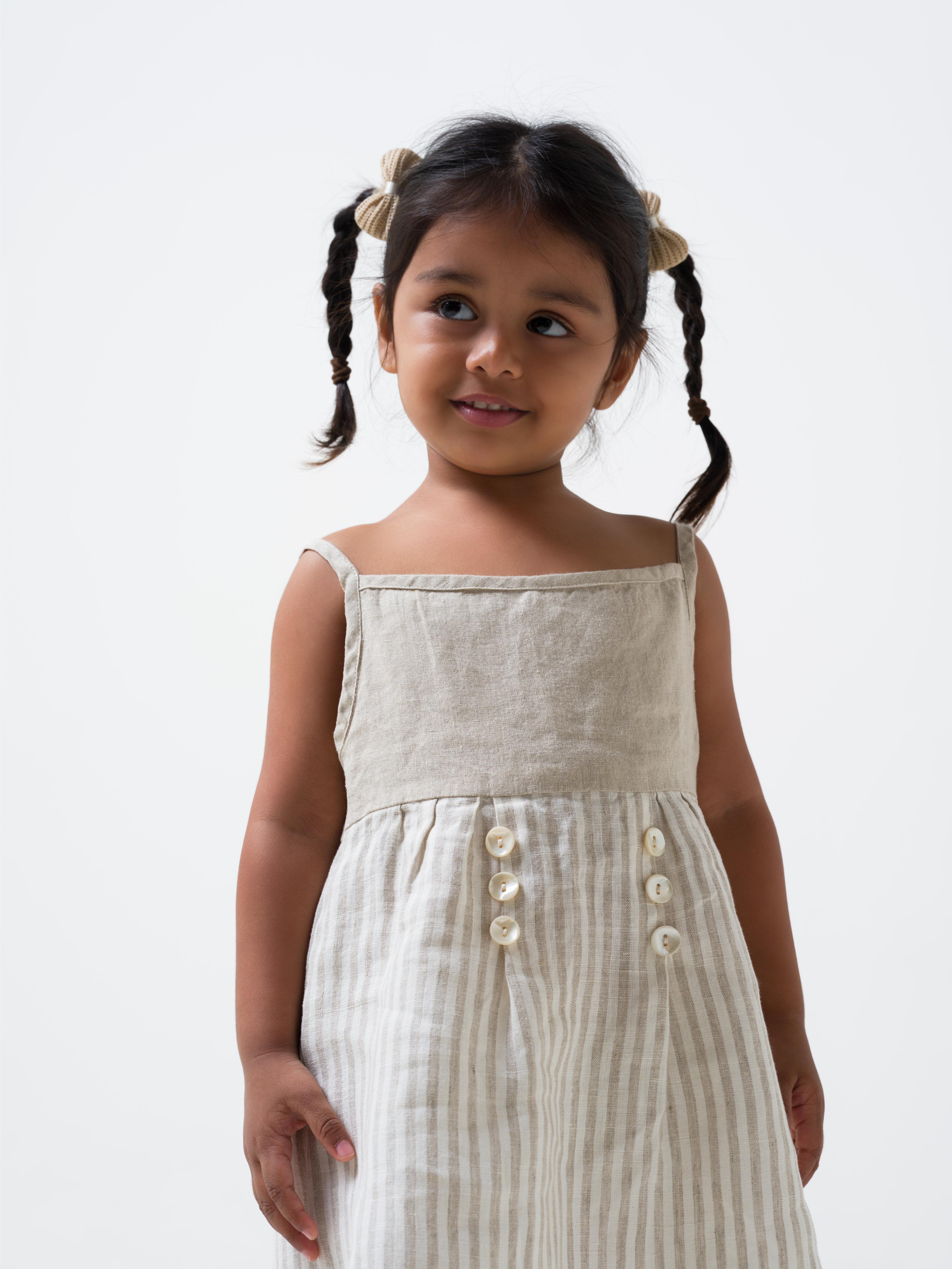 Buttons Detailed Frock Yoke - Cookie & Cream - Dress - Fade Fine Stripe