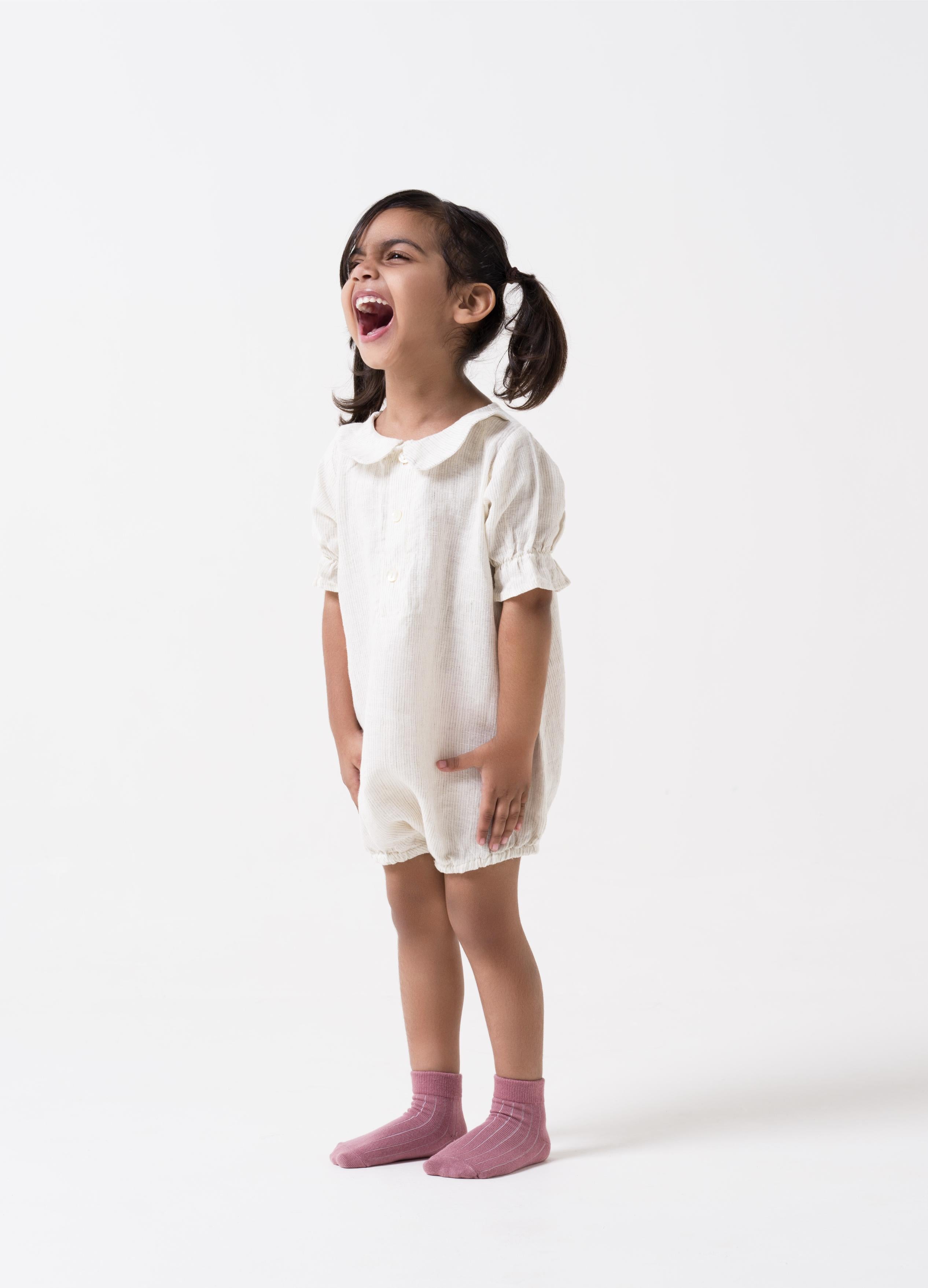 Puff Sleeve Romper - Beige Hairline Stripe