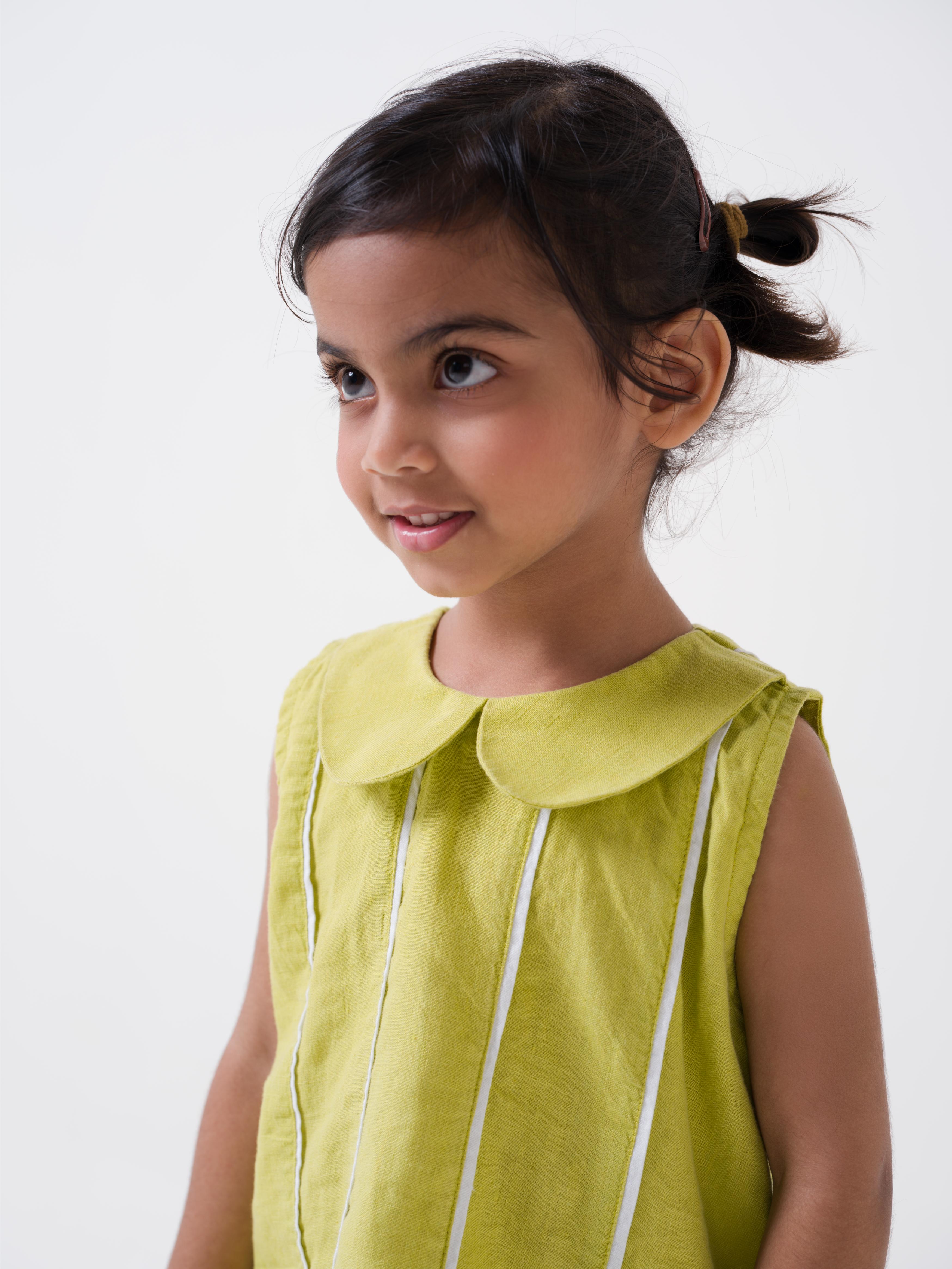 Vertical Stripe Collared Frock Lime  Stripe - White