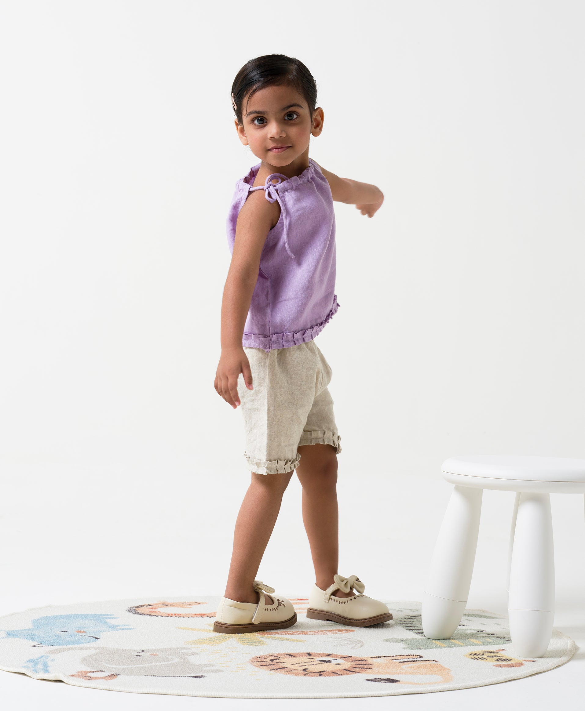 Linen Strap Ruffle Co-ords Set Top - Lavender B- Cookie & Cream