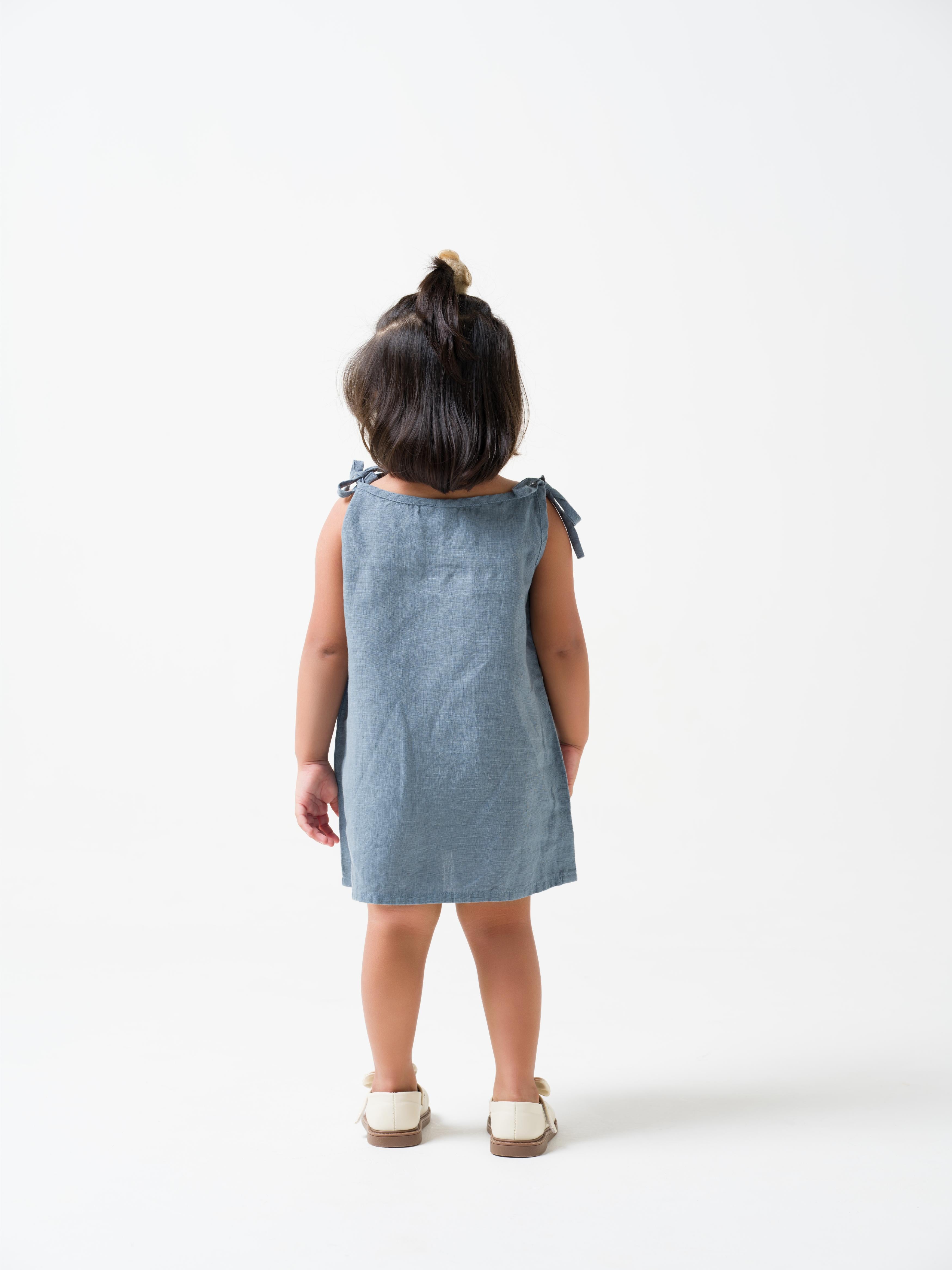 Air Force Blue Tie-Up Shoulder Flower Frock