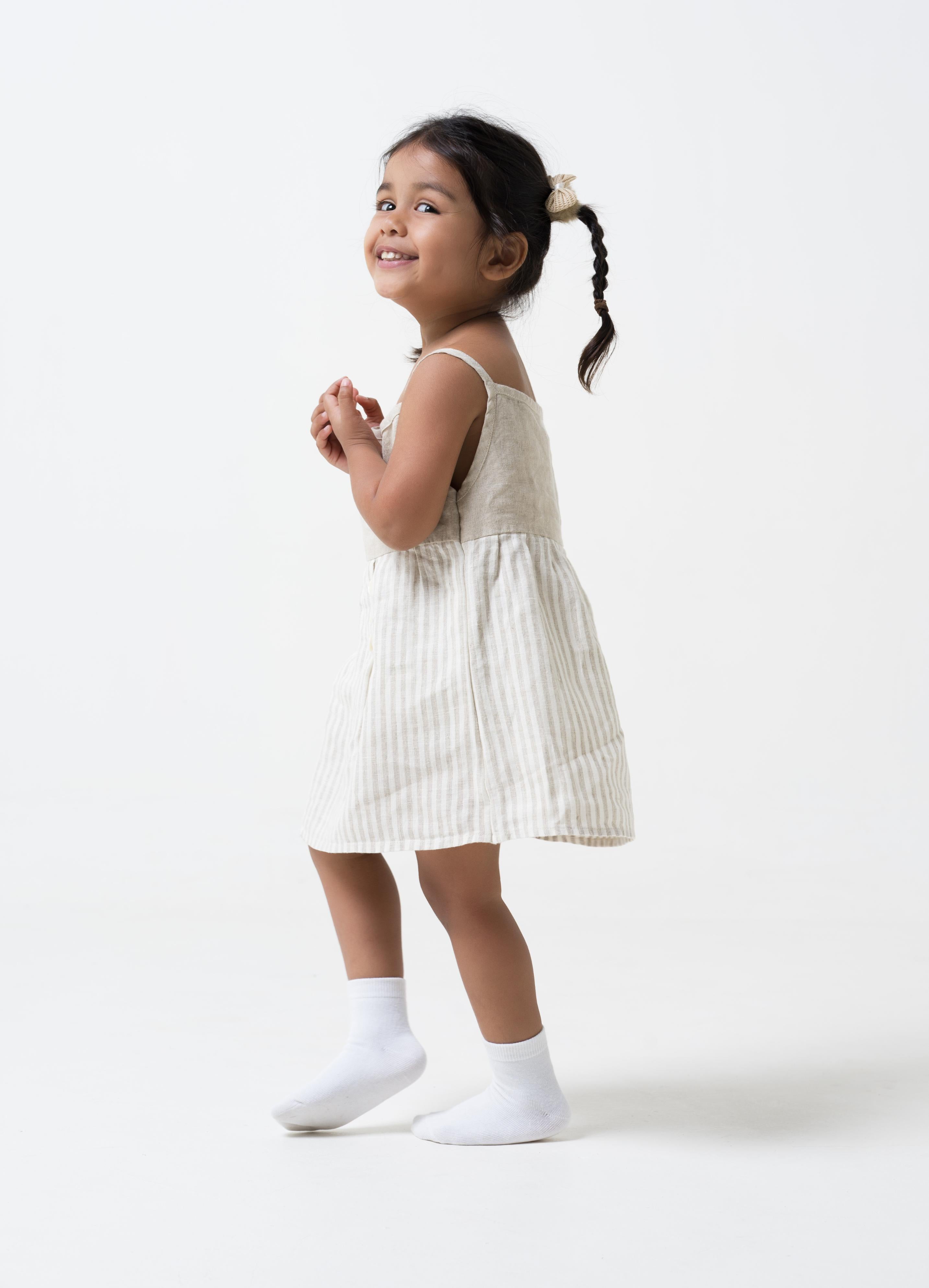 Buttons Detailed Frock Yoke - Cookie & Cream - Dress - Fade Fine Stripe