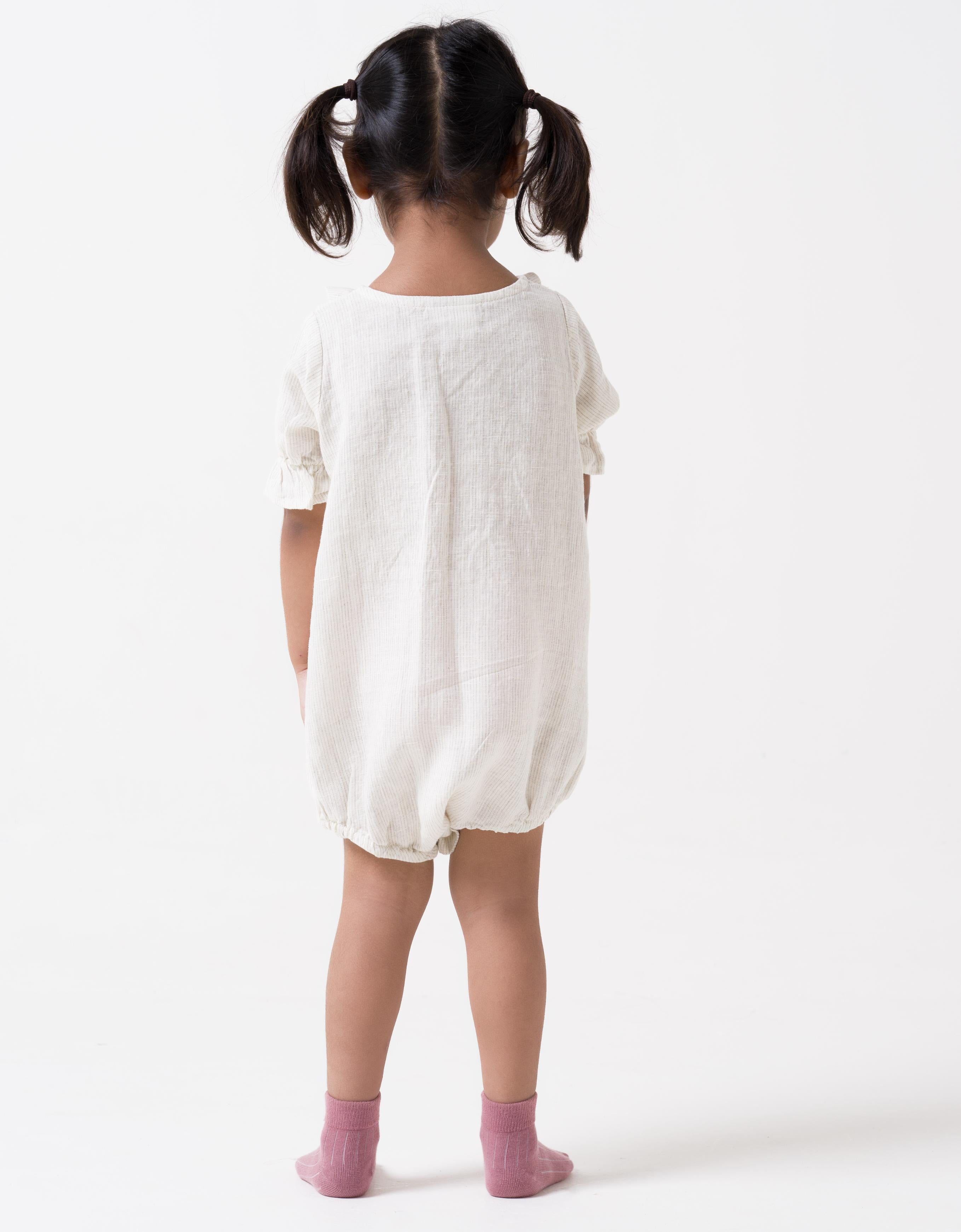 Puff Sleeve Romper - Beige Hairline Stripe