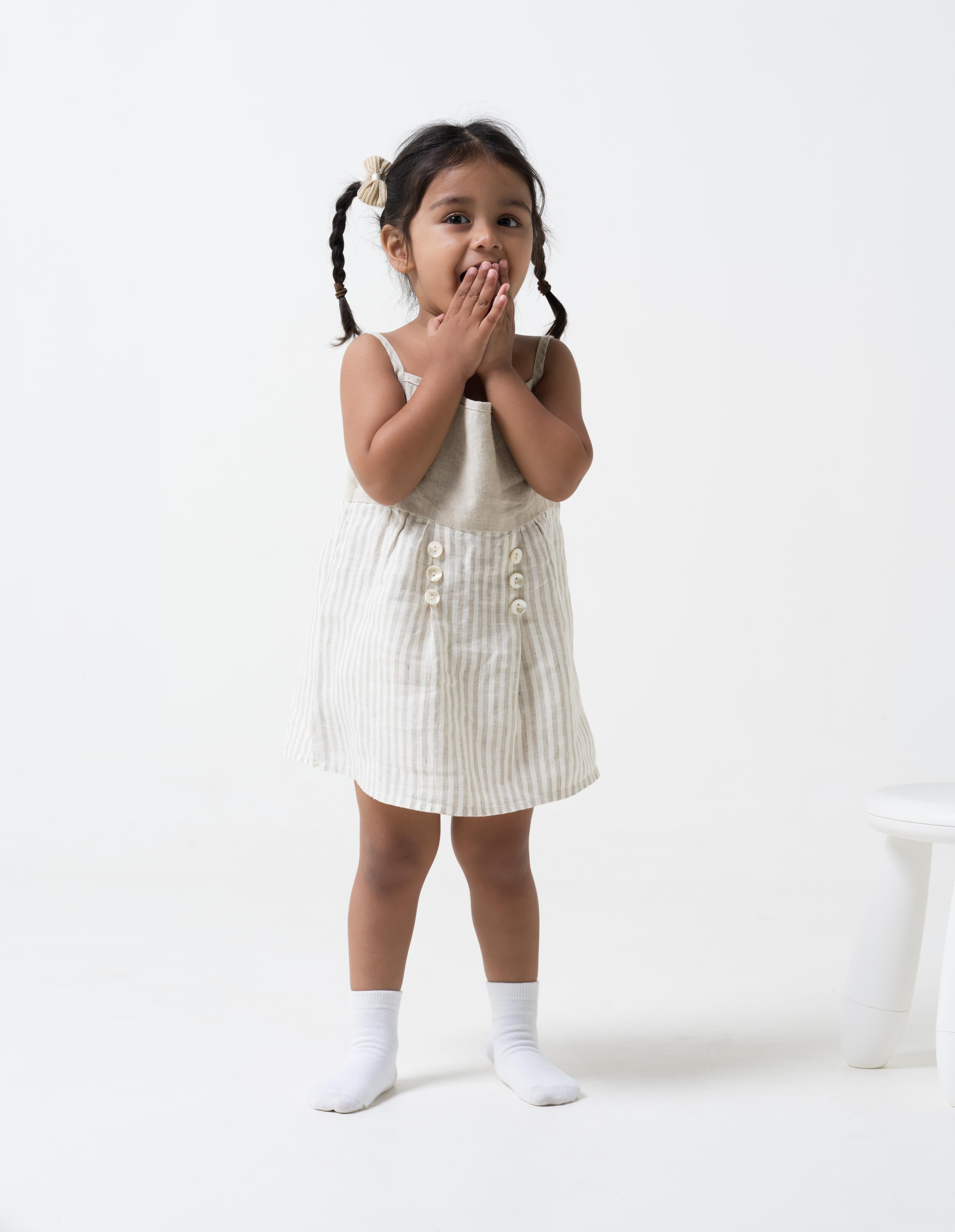 Buttons Detailed Frock Yoke - Cookie & Cream - Dress - Fade Fine Stripe