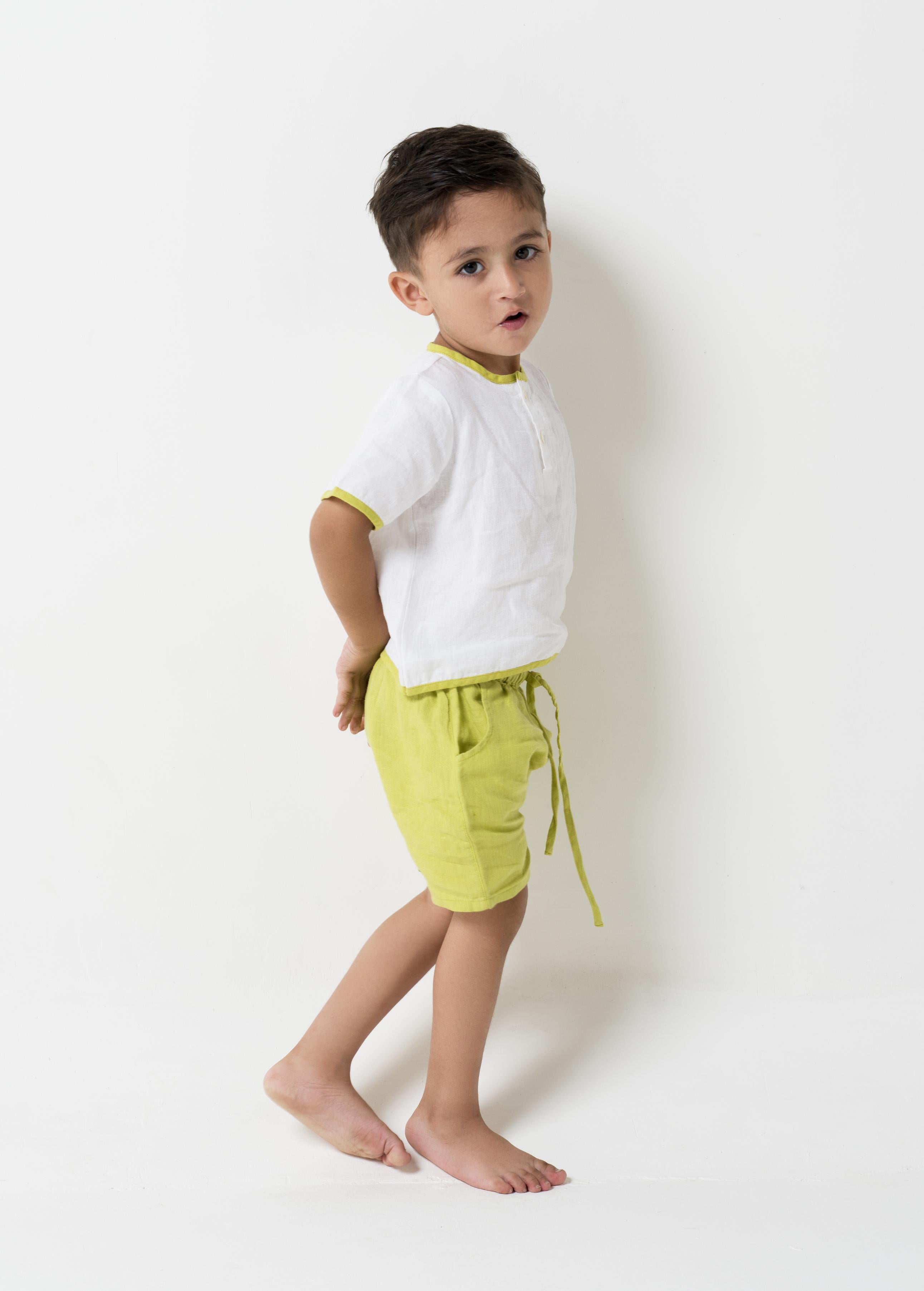 Drawstring Shorts & Shirt Set Shirt - White - Shorts- Lime