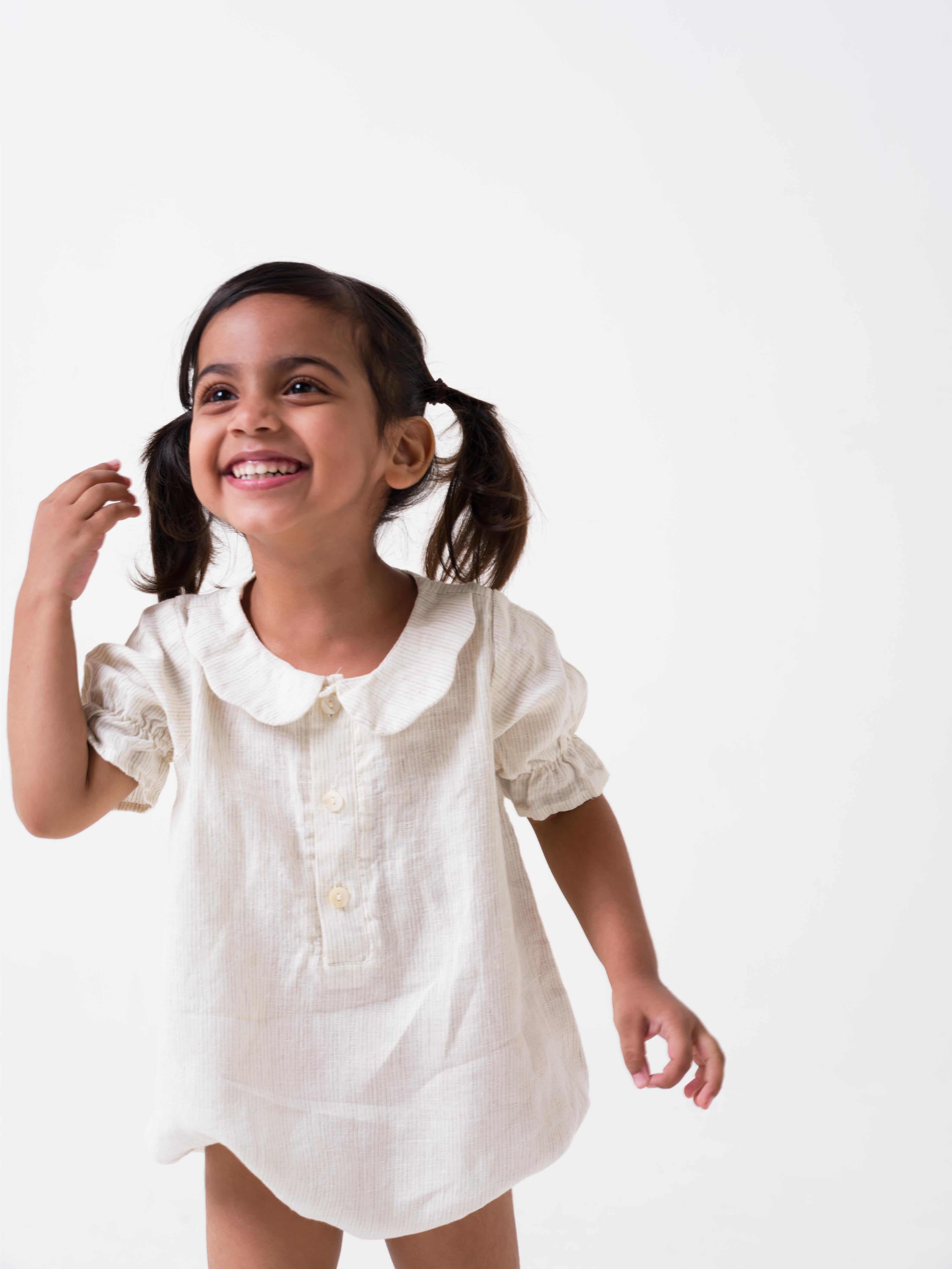 Puff Sleeve Romper - Beige Hairline Stripe