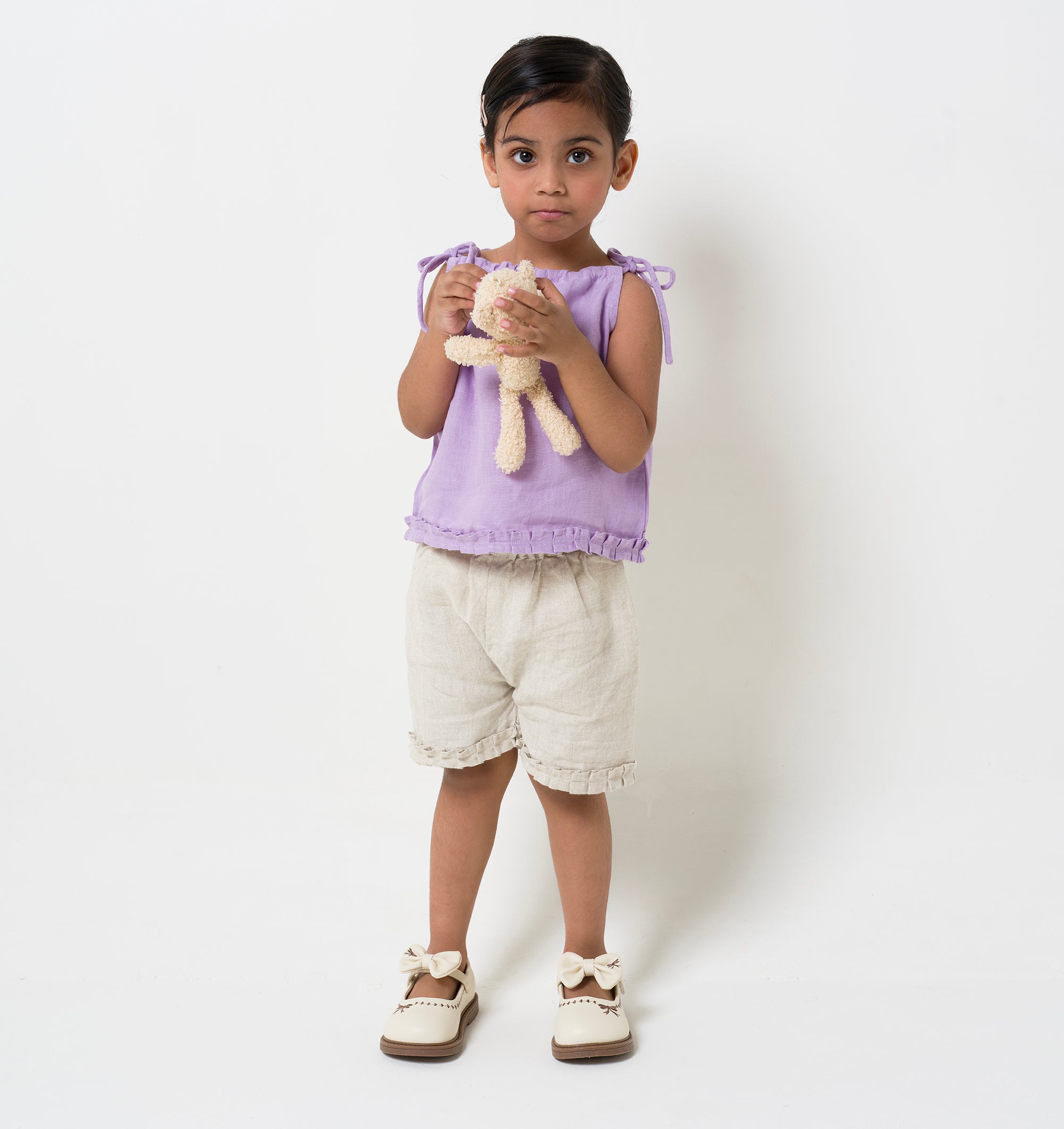 Linen Strap Ruffle Co-ords Set Top - Lavender B- Cookie & Cream