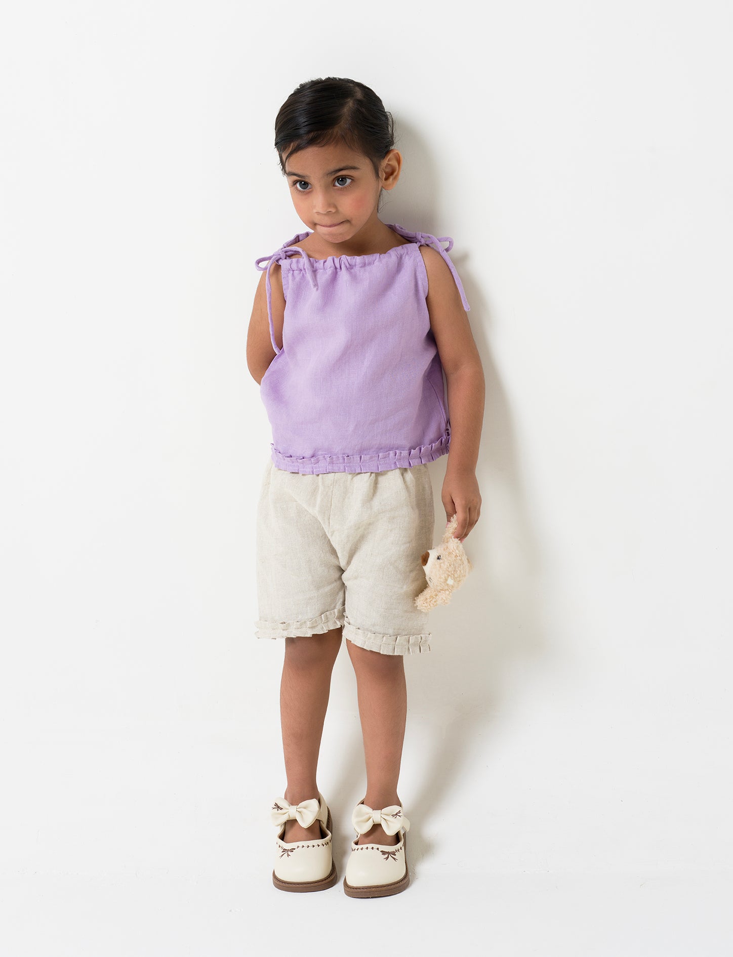 Linen Strap Ruffle Co-ords Set Top - Lavender B- Cookie & Cream