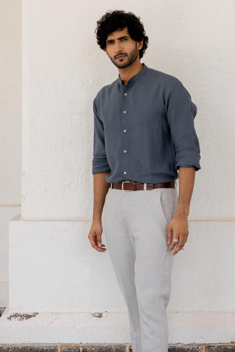 Mandarin Collar Faded Indigo Shirt