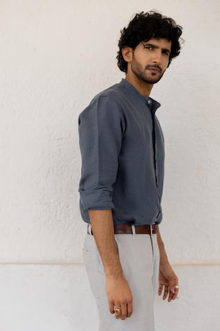 Mandarin Collar Faded Indigo Shirt