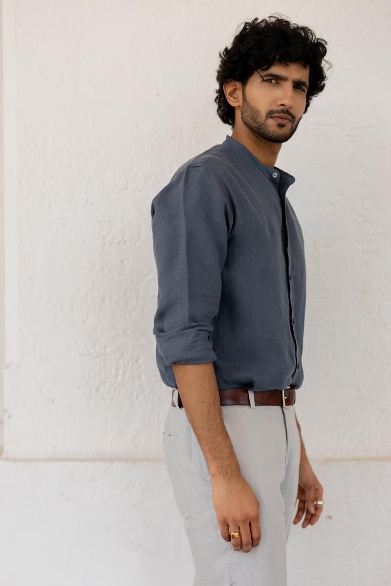 Mandarin Collar Faded Indigo Shirt