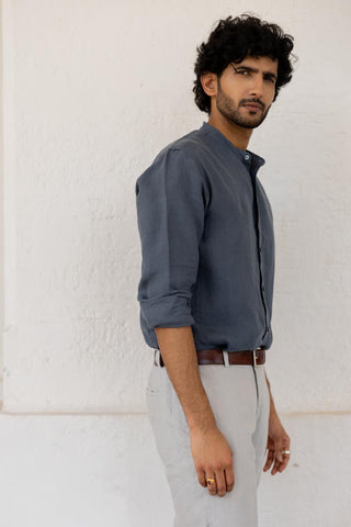 Mandarin Collar Faded Indigo Shirt