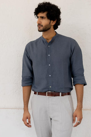 Mandarin Collar Faded Indigo Shirt