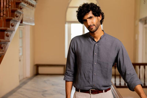 Mandarin Collar Faded Indigo Shirt