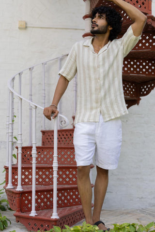 Cuban Collar Shirt Beige Cabana Stripe