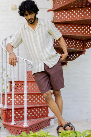 Cuban Collar Shirt Beige Cabana Stripe
