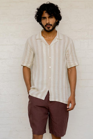 Cuban Collar Shirt Beige Cabana Stripe