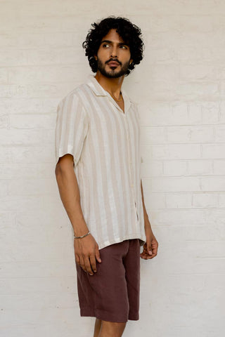 Cuban Collar Shirt Beige Cabana Stripe