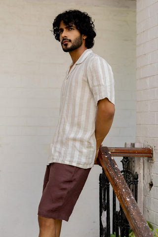 Cuban Collar Shirt Beige Cabana Stripe