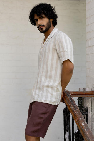 Cuban Collar Shirt Beige Cabana Stripe